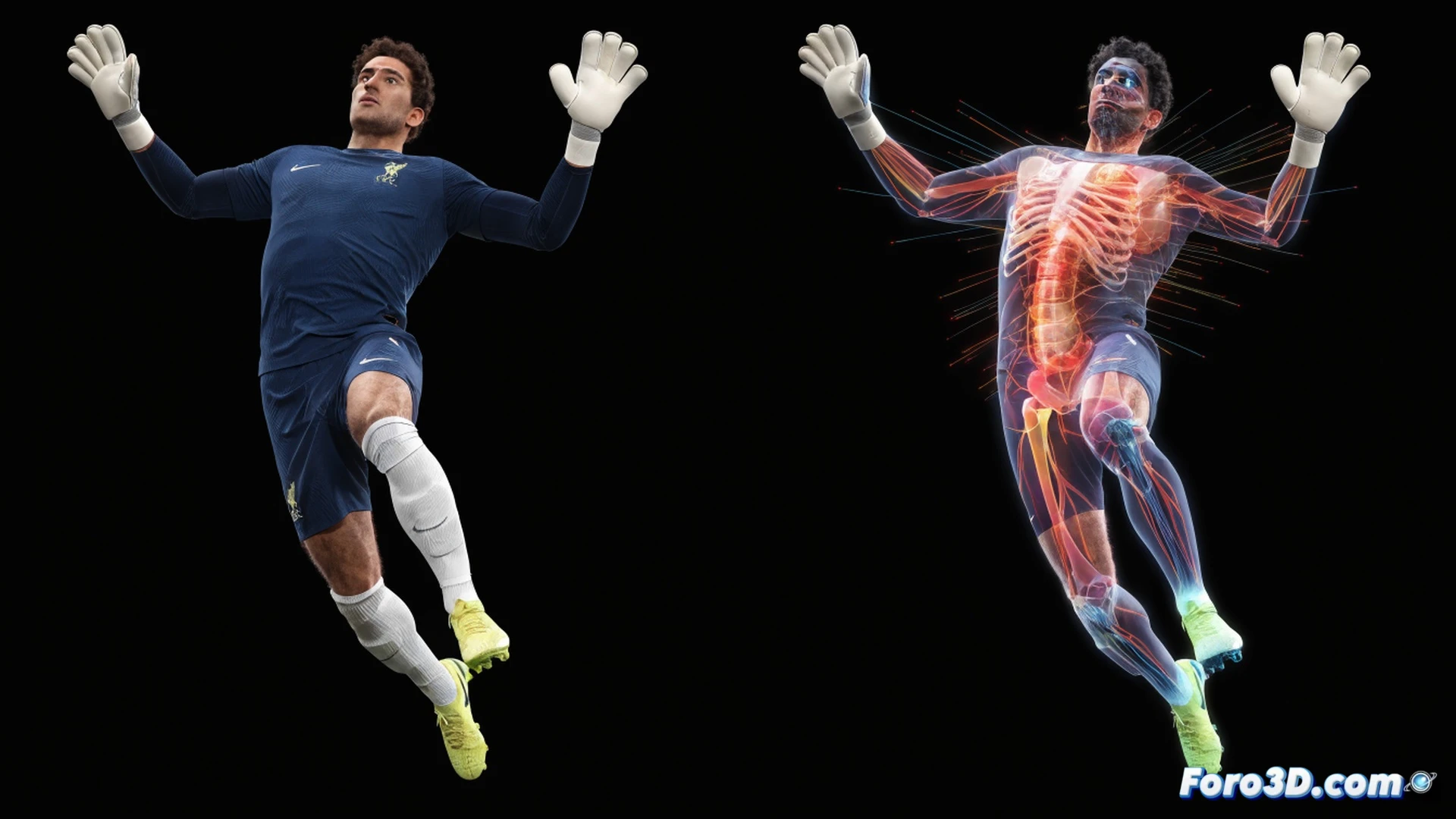tres vistas isométricas de un portero de fútbol en posición de estirada lateral, modelo 3D wireframe sobre fondo técnico azul marino, líneas de movimiento biomecánico trazadas desde el torso hasta las manos, ángulos articulares marcados con esferas rojas y amarillas, cuadrícula de análisis cinemático superpuesta, renderizado de ingeniería con iluminación de estudio, textura metálica en las articulaciones, sombras suaves que definen la extensión del cuerpo, estilo visualization técnica photorealista