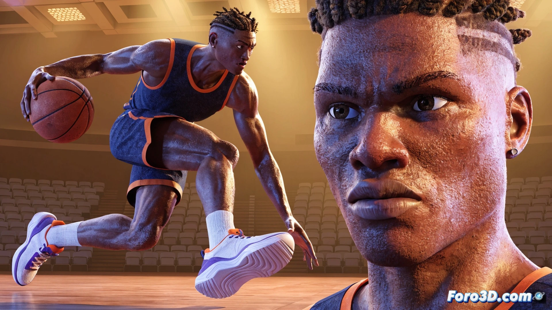 NBA player Bennedict Mathurin mid-drive, explosive first step breaking past a defender, body angled forward with knee drive, ball low and tight to hip, muscles tensed for a pull-up jumper, floor reflections under bright arena lights, motion blur on shoes, sweat droplets suspended in air, court lines and hoop visible in background, cinematic sports photography style, high contrast shadows, rim light on player silhouette, technical athletic pose, photorealistic sports action render