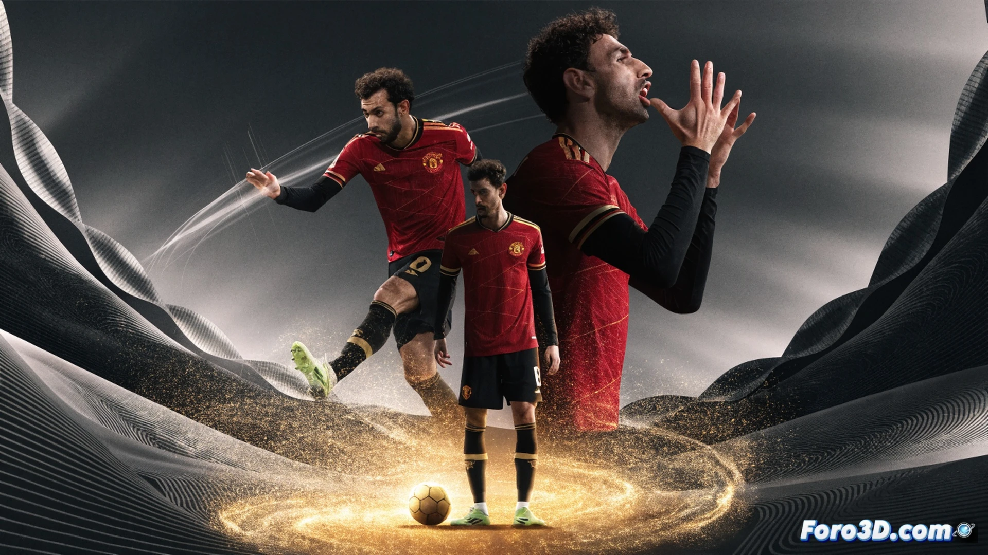 Bruno Fernandes releasing a threaded pass between two defenders into the penalty area, ball mid-air with spin visible, other players sprinting toward goal, one teammate receiving the pass at the edge of the six-yard box, goalkeeper diving late, motion blur on legs and arms, frustrated gesture from Bruno after a misplaced pass in a previous sequence shown in background ghosted pose, red Manchester United kit, green pitch, stadium floodlights, cinematic sports photography style, photorealistic athlete anatomy, dynamic action freeze-frame, technical football analysis visualization