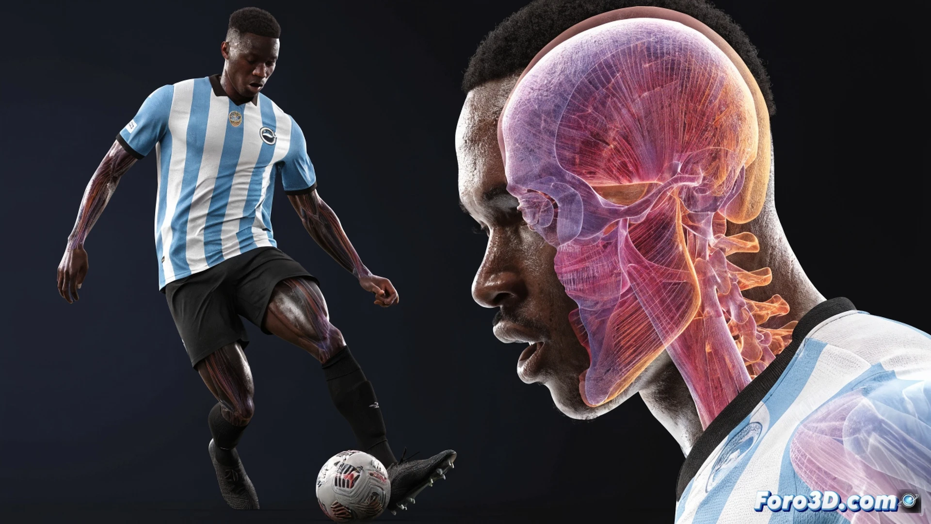 Brighton midfielder Carlos Baleba mid-stride during a high-intensity Premier League match, left foot planted as he drives the ball forward with a long, explosive carry, opponent sliding in late, tracking lines and pressure zones overlaid on the pitch, dynamic 3D tactical analysis visualization, cinematic sports science render, muscular tension in thighs and core, grass blades in motion, dramatic stadium floodlighting, photorealistic athletic anatomy, motion blur on trailing leg