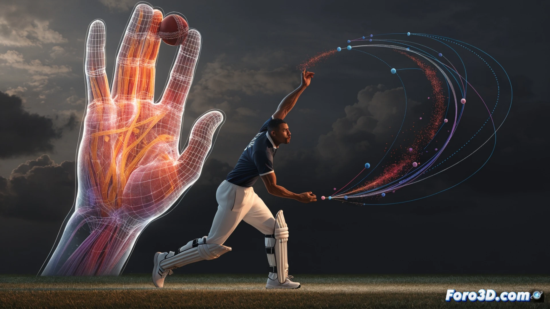 Chris Woakes bowling action in overcast English stadium, red cricket ball leaving his hand with visible seam position angled for late swing, ball trajectory curving sharply past a batsman's defensive bat, motion blur on ball and arm, glowing aerodynamic lines tracing swing path, technical overlay showing seam orientation and wrist angle, photorealistic sports biomechanics visualization, dramatic cloudy sky lighting, grass field texture, professional cricket gear details, cinematic slow-motion feel