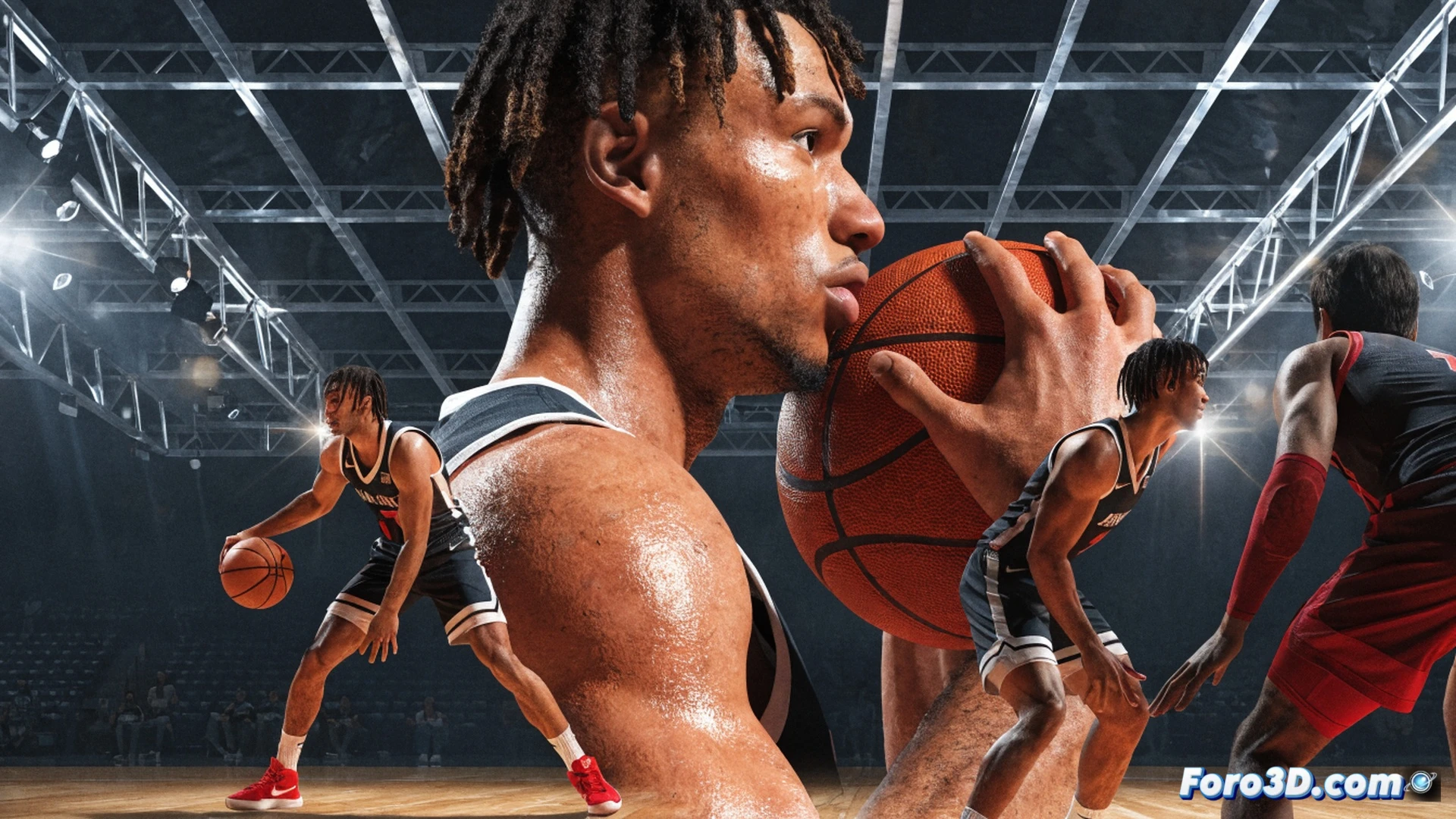 NBA power forward with guard-like dribbling skills at the three-point arc, driving toward the paint while a defender scrambles, mechanical breakdown of shooting form with transparent skeletal overlay showing elbow alignment and wrist snap, footwork diagram with glowing arrows tracing a step-back motion, defensive stance with a highlighted gap in lateral positioning, scene inside a modern training facility with motion capture cameras and LED tracking rings, cinematic technical illustration, photorealistic player model, blue and orange accent lighting, frozen mid-action moment, high-contrast shadows, ultra-detailed muscle definition and jersey fabric wrinkles