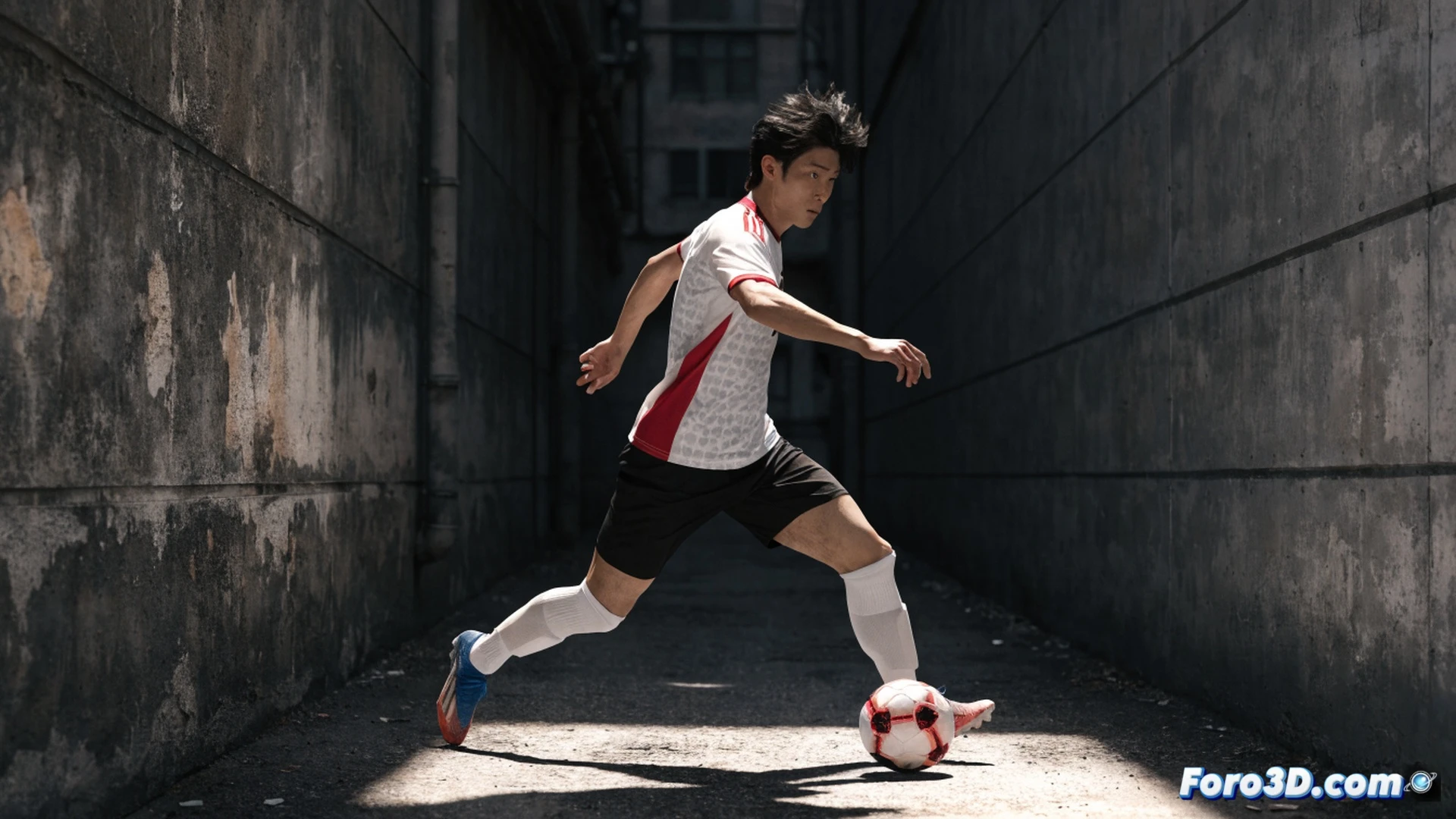 Daichi Kamada en un campo de fútbol iluminado, conduciendo el balón pegado al pie mientras gira rápidamente para escapar de un defensor, su torso inclinado y brazos abiertos para mantener el equilibrio, líneas de movimiento curvas y flechas de análisis 3D que muestran su agilidad y cambio de dirección, un gráfico de radar superpuesto con métricas de visión de juego y conducción, fondo de estadio borroso con gradas, estilo cinematic technical illustration, iluminación dramática con focos, textura de césped realista, render fotorealista de alta definición