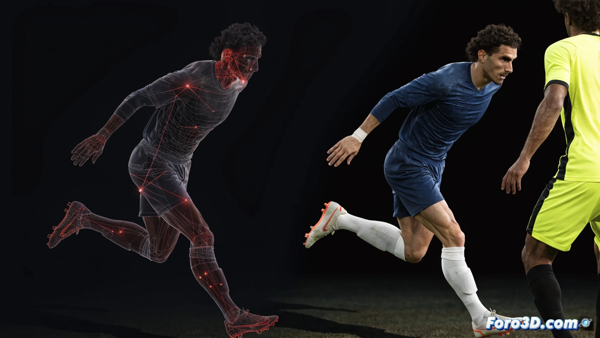 3D tactical analysis of David Villa making a blind-side run into penalty box space, two defenders tracking late, ball trajectory curving from midfield, player silhouette breaking into open gap, glowing positional heatmap lines tracing his movement path, tactical zone overlays showing defensive disorganization, cinematic sports science visualization, green pitch with bright stadium lighting, dynamic action pose with one foot planted for a half-volley, motion blur on ball, hyper-detailed player anatomy and kit texture, photorealistic technical render