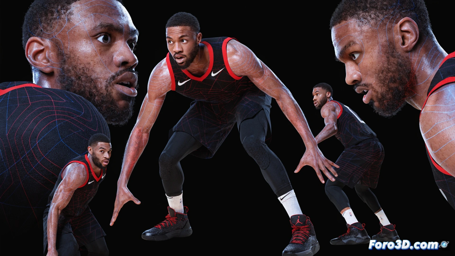 Basketball court at night, Derrick White in low defensive stance sliding laterally, one hand disrupting passing lane, feet positioned in shuffle step, opponent attempting drive, glowing 3D wireframe skeleton overlaid on White showing hip rotation and center of gravity shift, red heatmap vectors tracing his movement and hand positioning, blue lines mapping opponent potential paths, arena lights casting sharp shadows on glossy hardwood, cinematic photorealistic technical illustration, dynamic motion blur on limbs, depth of field isolating action, ultra-detailed jersey fabric texture