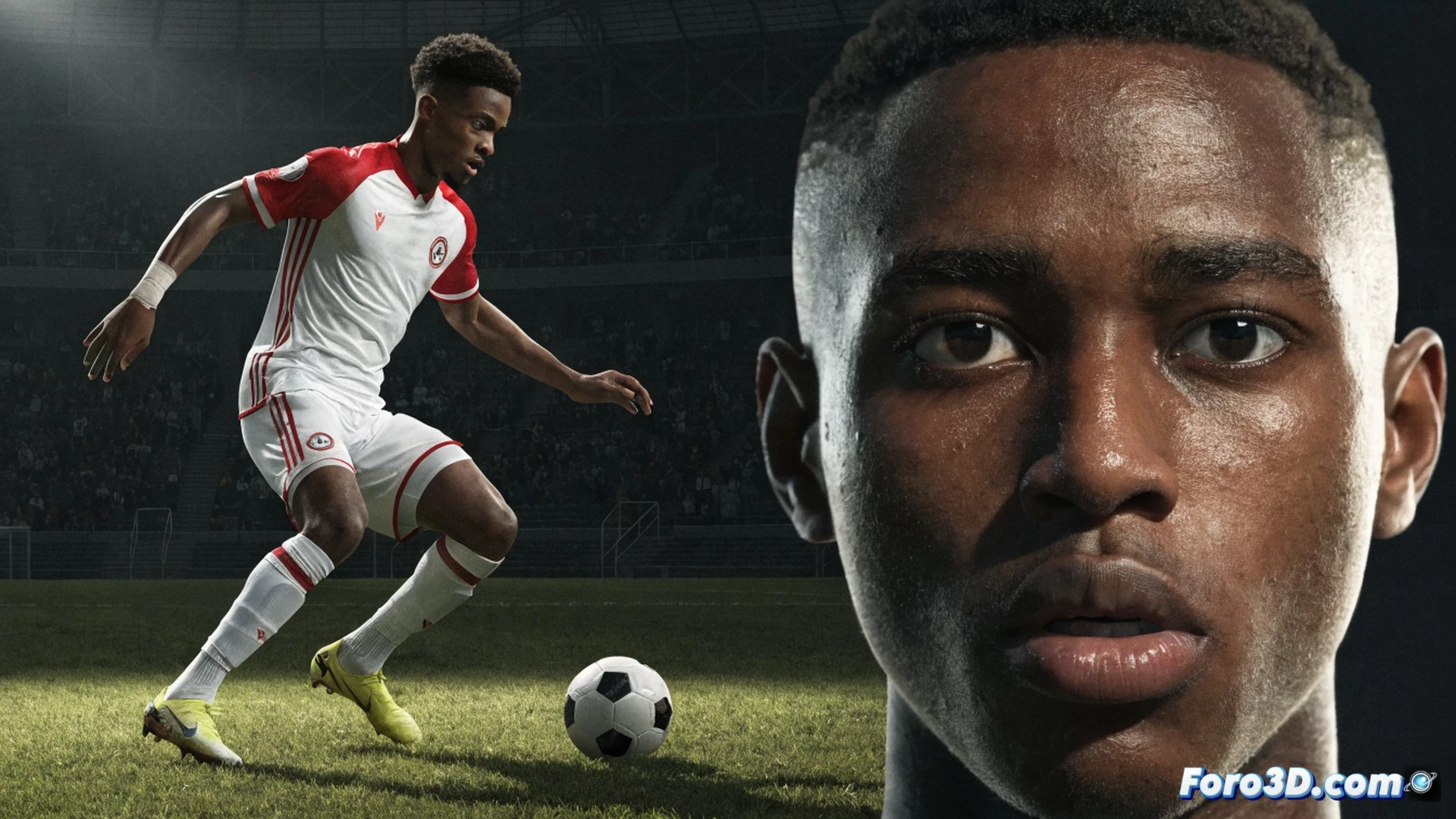 young football player executing a sharp dribbling move on a green pitch, motion trails tracing his footwork and body feint, three-dimensional wireframe overlay highlighting joint angles and movement biomechanics, tactical heatmap projections on the grass showing decision zones, football boots in mid-action with turf deformation, cinematic technical illustration style, dramatic stadium floodlighting casting long shadows, photorealistic sports visualization, ultra-detailed muscle tension visible under jersey, glowing trajectory lines from ball to goal