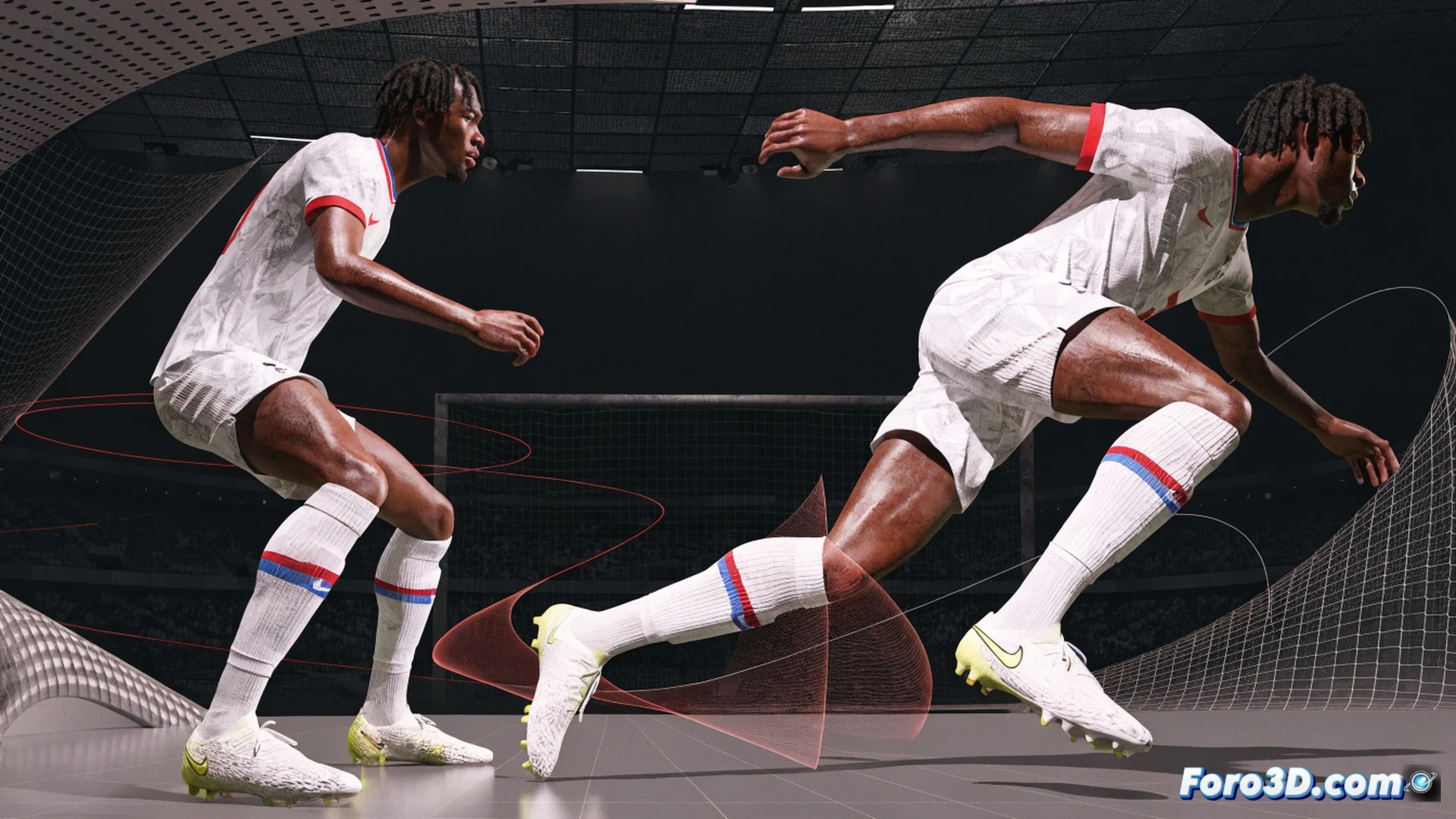 Tottenham Hotspur player Destiny Udogie in a dynamic three-dimensional tactical simulation, showing a hybrid left-back midfielder movement sequence, player model sprinting into the opponent penalty area while defensive markers lag behind, glowing blue positional heatmap trails demonstrating off-ball runs, wireframe stadium overlay, red defensive lines breaking apart, green passing lanes, motion blur on the player legs, technical football analytics interface with transparent 3D pitch grid, cinematic sports science visualization, photorealistic player textures, dramatic floodlight shadows, ultra-detailed kit fabric and boot studs, engineering-style tactical render