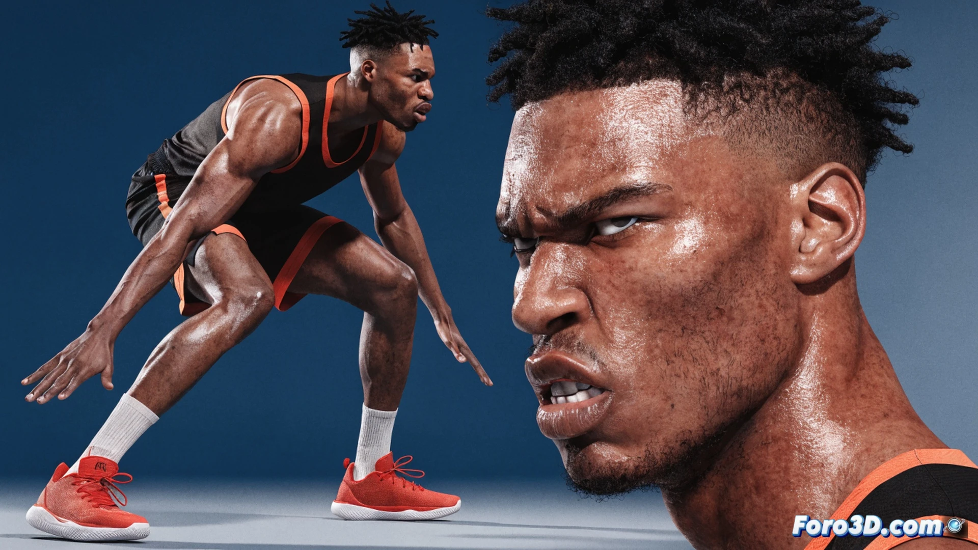 Dillon Brooks en acción defensiva extrema, cuerpo inclinado hacia adelante brazos extendidos presionando al base rival, sudor y tensión muscular visibles, fondo de cancha de baloncesto con gradas borrosas, superposición de hologramas técnicos mostrando análisis biomecánico en tiempo real, líneas de movimiento trazando su desplazamiento lateral rápido, datos de presión defensiva y ángulos de cobertura flotando como wireframes, estilo cinematic photorealistic con iluminación dramática de estadio, texturas de piel y tela ultra detalladas, profundidad de campo reducida, ambiente de playoff intenso