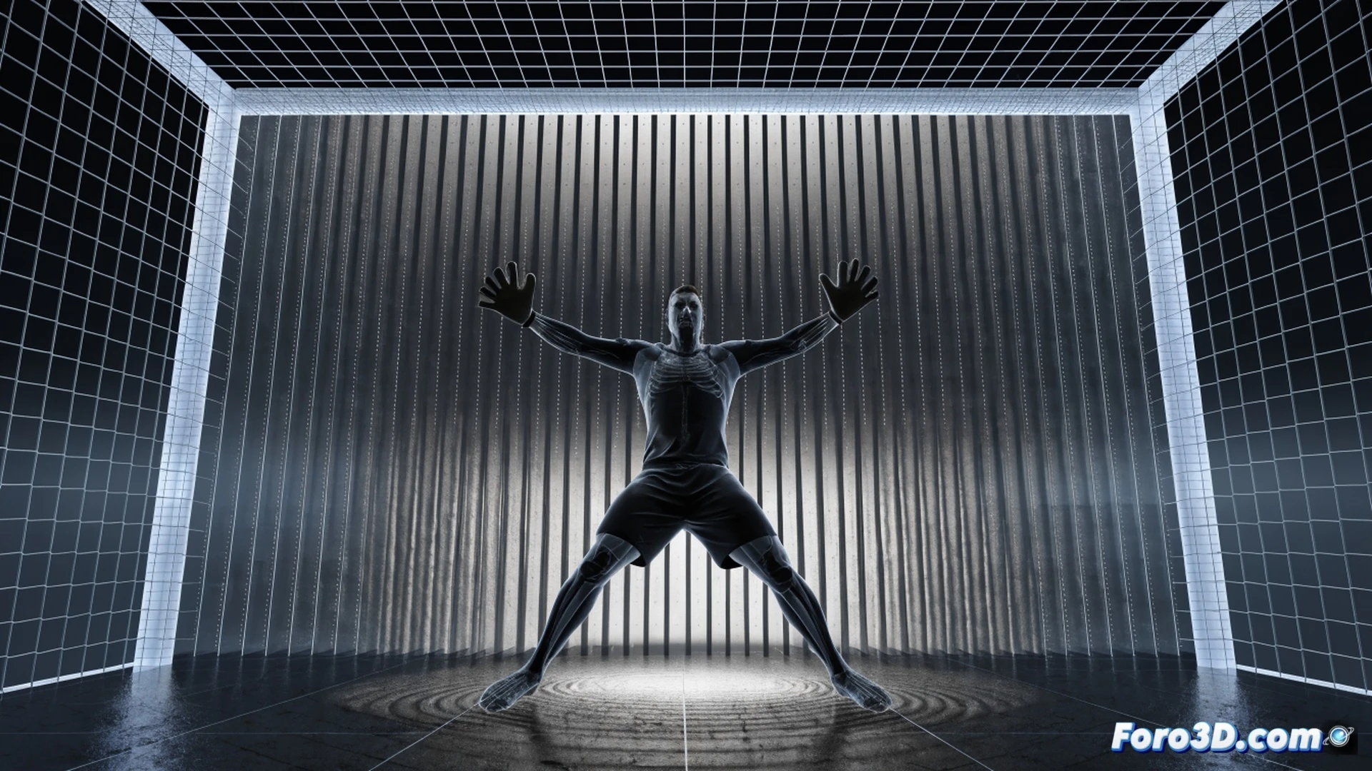 Photorealistic technical illustration of Gianluigi Donnarumma mid-dive, arms fully extended, palm reaching toward a high-speed ball trajectory, while translucent 3D volumetric body scan overlays his torso and limbs, joint angles and limb span measured with glowing yellow motion lines, green biomechanical vectors tracking hand velocity and reaction time, blue digital depth markers around the goal frame, stadium floodlight under warm golden hour tone, ultra-detailed muscle tension and fabric wrinkles, cinematic action freeze-frame, engineering visualization style