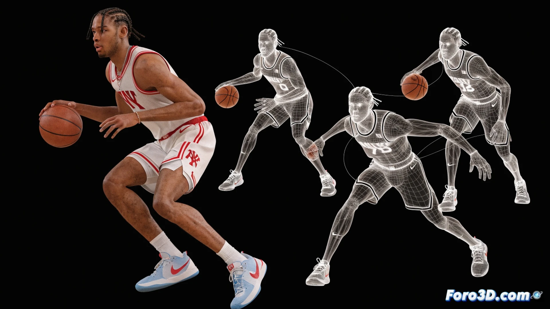 basketball player Donte DiVincenzo in a mid-air three-point shooting motion, biomechanical analysis overlay showing joint angles and muscle activation lines, trajectory arc traced with glowing data points, ball release mechanics highlighted with force vectors, defensive player closing in with outstretched arm, photorealistic sports science visualization, arena crowd blurred in background, dramatic spotlight on shooter, detailed muscle fiber rendering, motion capture grid on court surface, technical illustration style