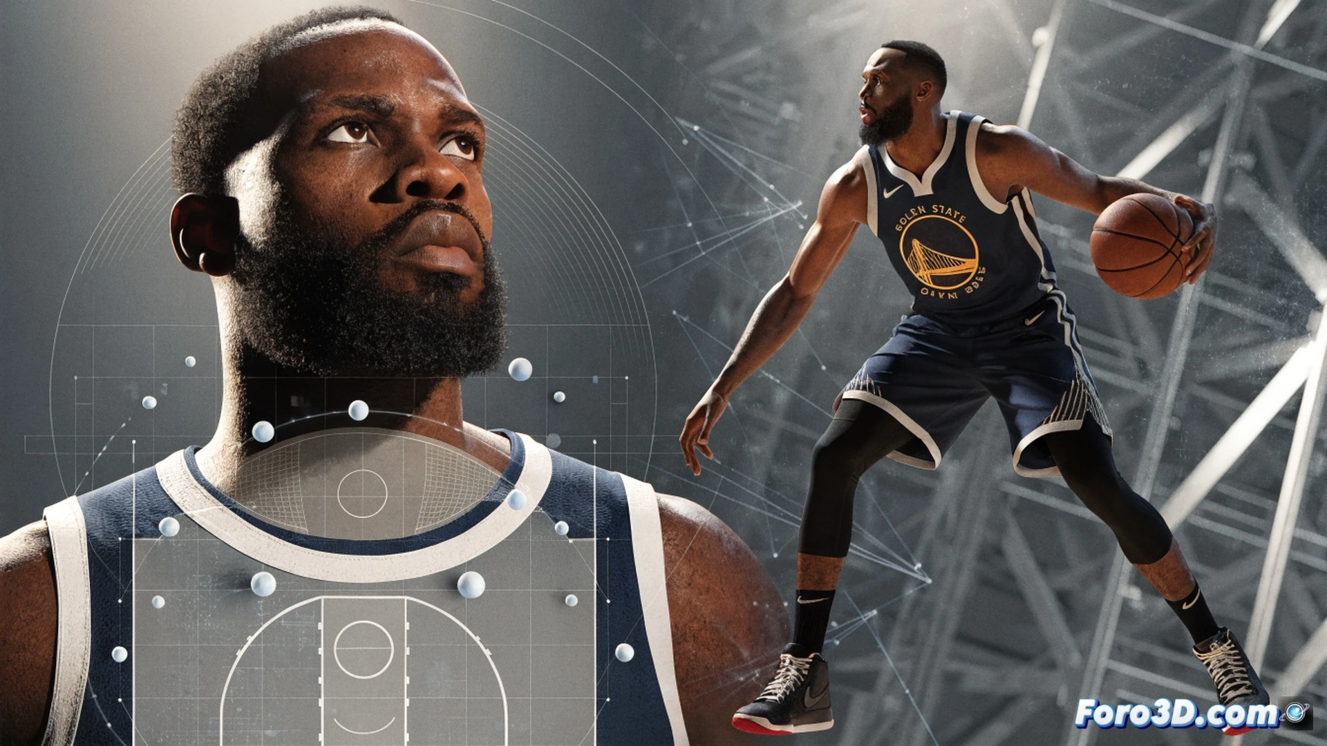 Basketball player in defensive stance analyzing opponent movement patterns, glowing tactical lines connecting player positions on court floor, holographic diagram overlays showing defensive rotations and passing lanes, basketball spinning mid-air with trajectory path illuminated, modern arena background with digital tactical displays, cinematic sports visualization, dynamic action pose, blue and gold team colors, dramatic spotlighting, photorealistic technical illustration