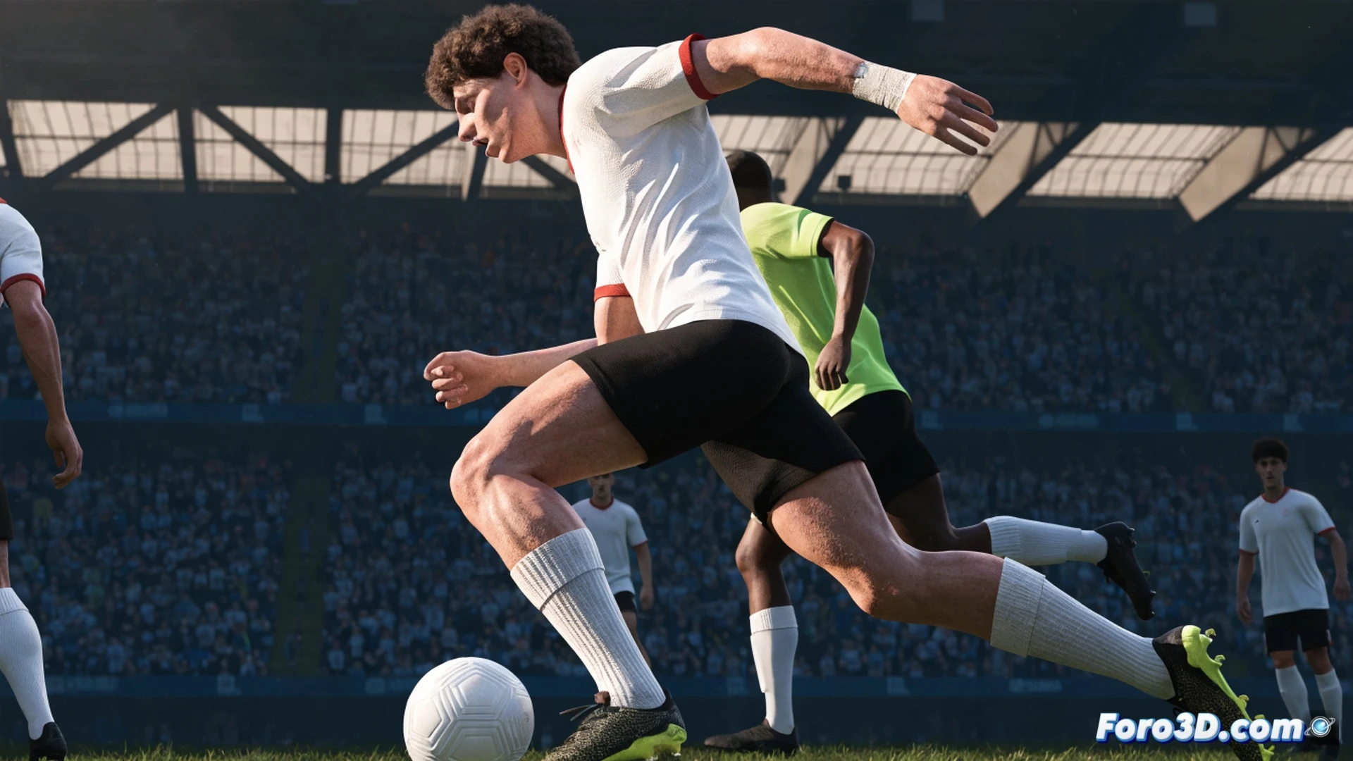 young footballer in bright green jersey and black shorts pivoting with back to goal, muscular frame braced against an invisible defender, left foot planted while right leg swings through to strike a football, motion blur on the ball showing powerful shot trajectory, surrounding grass pitch with stadium lights casting sharp shadows, technical overlay of transparent skeletal lines and force vectors tracing spine rotation, hip torque and foot impact angle, cinematic engineering visualization, hyperrealistic skin texture and jersey fabric detail, dynamic action pose frozen mid-kick, dramatic low-angle stadium lighting, photorealistic sports biomechanics render