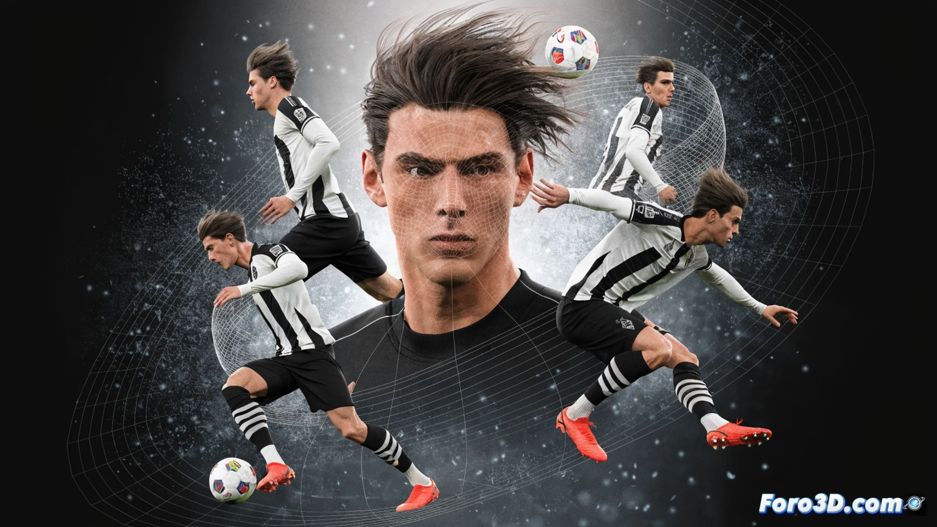 midfielder Neuhaus in motion during a 3D tactical analysis, left foot striking a passed ball with backspin, glowing trajectory lines tracing the pass through defensive gaps, opposing players shown as semi-transparent blue silhouettes, his torso rotated showing peripheral vision, Borussia Mönchengladbach kit with motion blur on sleeves, technical overlay showing heatmap on pitch below, cinematic photorealistic render, volumetric stadium lighting, shallow depth of field, dynamic pose demonstrating total control