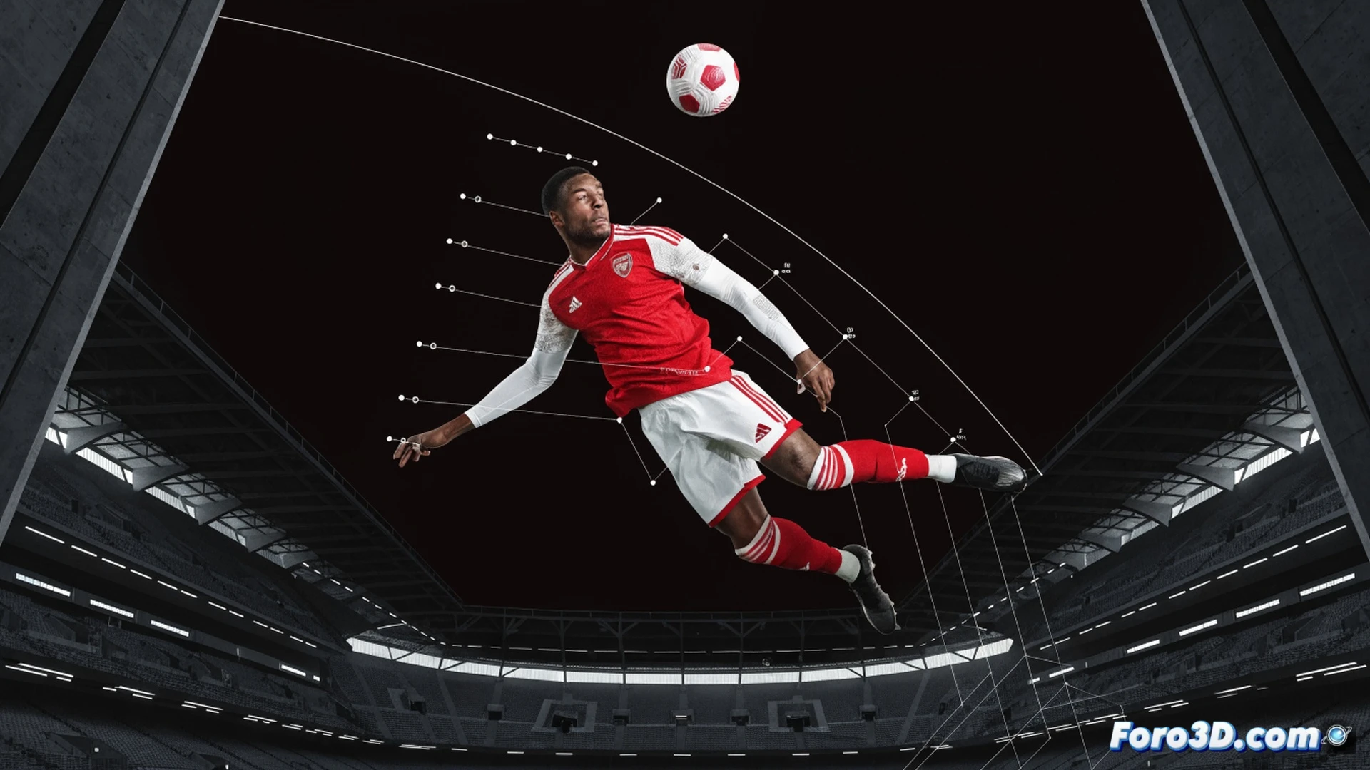Arsenal central defender Gabriel Magalhães mid-air during a decisive header duel, body twisted to reach the ball at maximum height, defensive positioning lines glowing faintly around him showing spatial awareness, opponent striker jumping slightly late below, blurred stadium crowd background, motion trails tracing his head movement, tactical diagram overlay with heatmap zones on the pitch, cinematic sports visualization, photorealistic render with volumetric stadium lighting, sweat droplets frozen in action, dynamic camera angle from low ground level, dramatic shadows emphasizing muscle tension, ultra-detailed kit texture, technical illustration style
