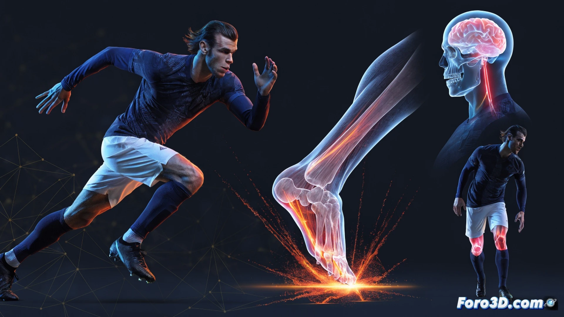 Gareth Bale en plena carrera hacia portería, pierna zurda en fase de golpeo máximo, balón deformándose por impacto, músculos del muslo y gemelo en tensión extrema con fibras visibles, tracking de velocidad con líneas de movimiento naranjas detrás, gráfico de biomecánica articular mostrando cadera y tobillo en rotación, zona del tendón de la corva iluminada en rojo translúcido, estadio nocturno con focos cenitales, estilo cinematic photorealistic, profundidad de campo reducida, sudor y rugosidad de la piel texturizada, render técnico de anatomía dinámica.