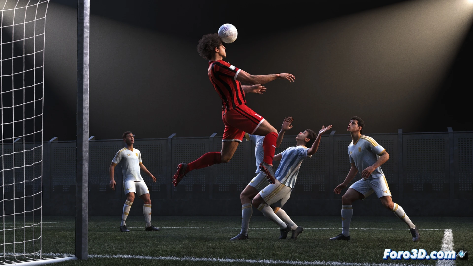 gianluca scamacca mid-stride inside penalty area, long powerful legs creating space from defender, right foot striking ball with high follow-through, three overlapping ghosted frames showing his movement sequence from ball control to shot, tactical zone lines on grass, red heatmap on chest and thighs indicating power generation, blue data points tracking hip rotation and knee angle, cinematic technical illustration, dynamic camera angle low to ground, dramatic stadium floodlights, photorealistic sports science render
