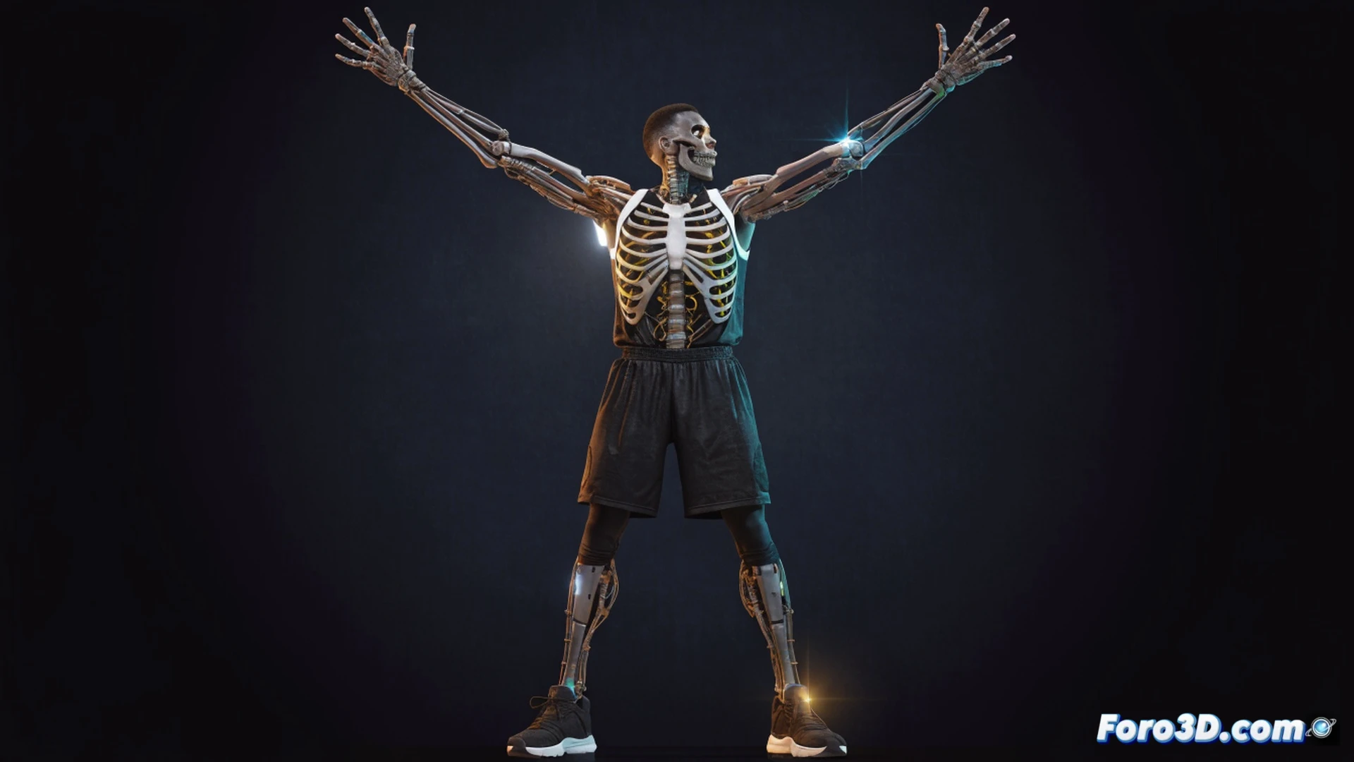 biomechanical 3D analysis of Giannis Antetetokounmpo, translucent skeletal overlay showing arm span of 2.24 meters and elongated leg bones, basketball court perspective with motion capture markers on joints, dynamic action pose during a step, force vectors tracing stride length and angular momentum, wireframe body mesh with muscle density mapping, photorealistic engineering visualization, blue and orange holographic data lines, dramatic arena lighting, high-contrast technical render, ultra-detailed bone structure