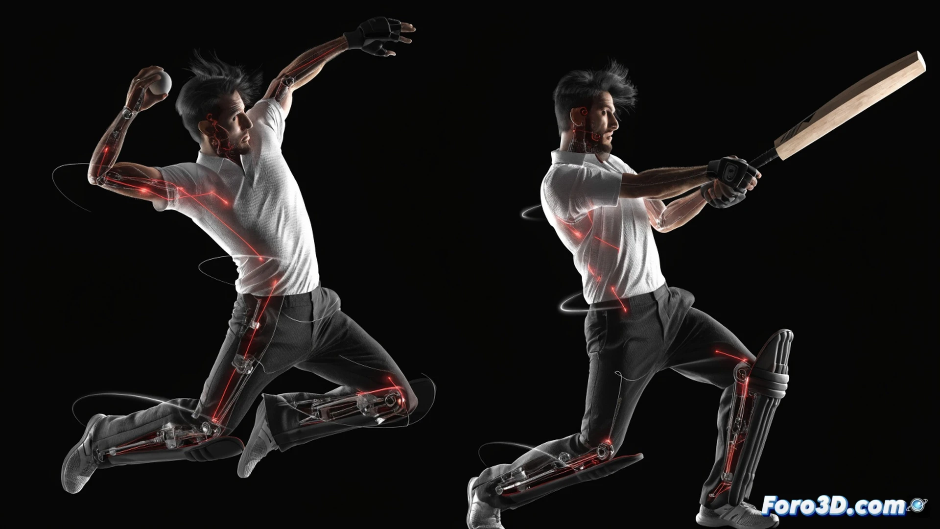 three-dimensional biomechanical analysis of Gulbadin Naib mid-bowling delivery, cricket ball releasing from his hand at an extreme elbow angle, red trajectory line tracing the ball path, skeleton wireframe overlaid on his body showing joint rotations and spinal torsion, unbalanced follow-through with left foot lifting off ground, engineering software interface elements floating around the figure displaying angular measurements and force vectors, technical illustration style, photorealistic skin texture, high-contrast studio lighting, detailed muscle striations visible, motion blur on the ball, glowing blue and orange kinematic lines connecting key joints
