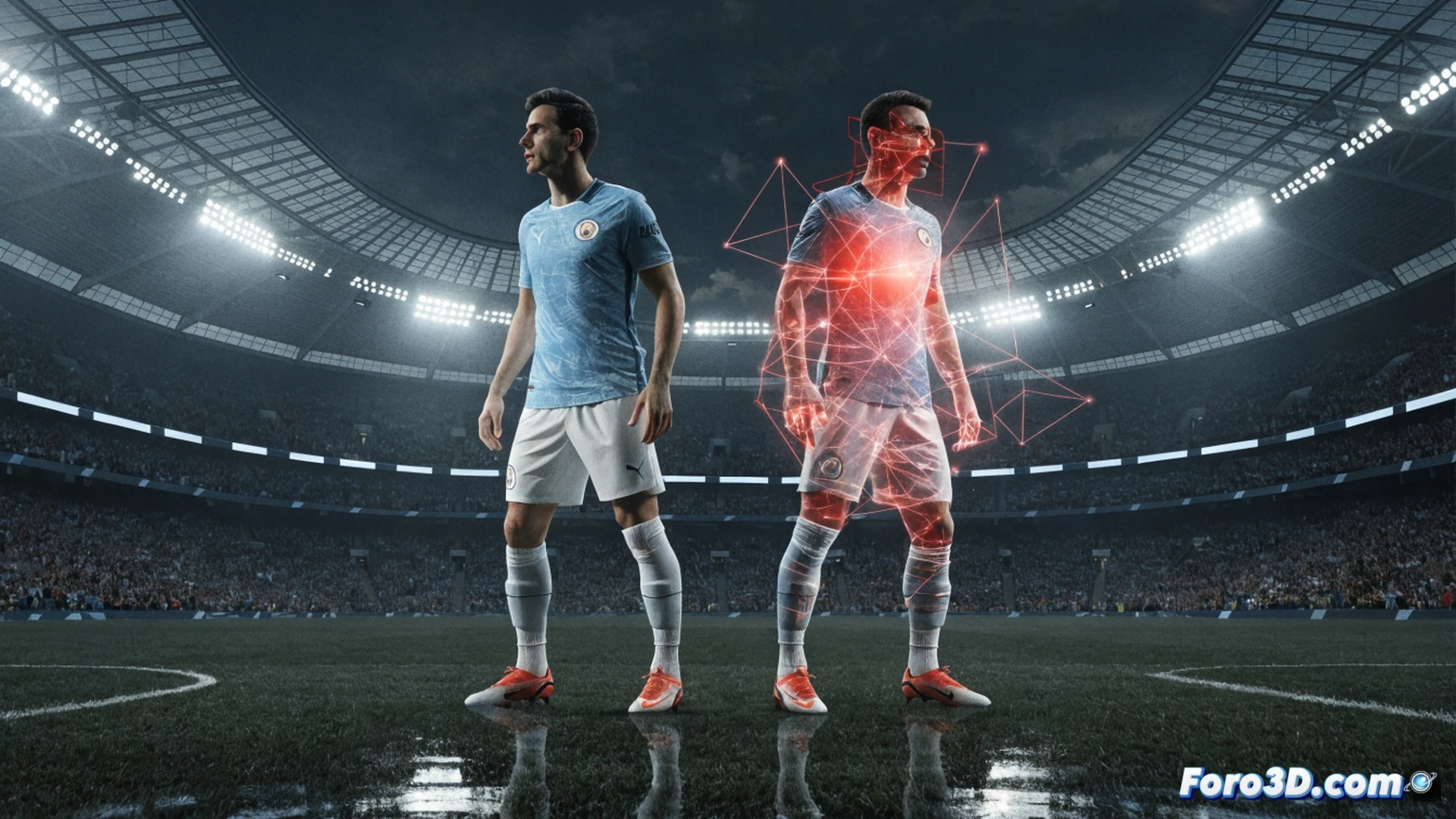 tactical 3D analysis of Ilkay Gundogan midfield positioning, player shown making a precise blind-side run into space while receiving a pass, defensive lines shifting in response, glowing trajectory lines tracing his movement path and passing angle, semi-transparent tactical overlay with heatmap zones and spatial awareness indicators, photorealistic technical illustration, green pitch with stadium lighting, blue team kit, dynamic action pose, motion blur on ball, depth of field focusing on player, ultra-detailed facial features and kit texture, cinematic sports science visualization