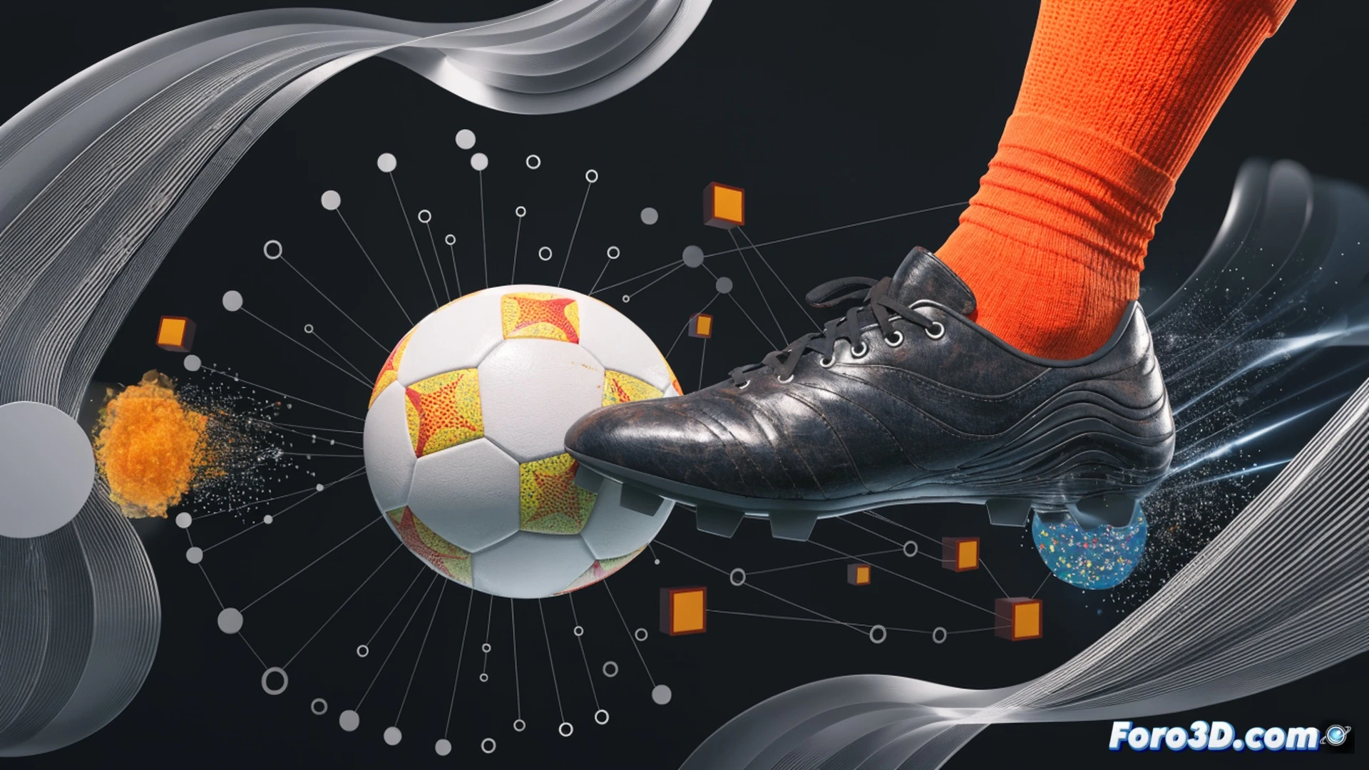 Hakim Ziyech en acción, pie izquierdo impactando un balón con efecto curvo, líneas de trayectoria algorítmica en naranja y azul rompiendo una línea defensiva virtual, campo de fútbol en 3D con datos de movimiento superpuestos, demostrando precisión quirúrgica en espacio reducido, estilo cinematic technical illustration, iluminación dramática de estadio, textura de césped realista, modelo humano detallado con animación de conducción, fondo con gráficos de radar de pases y heatmap, photorealistic engineering visualization