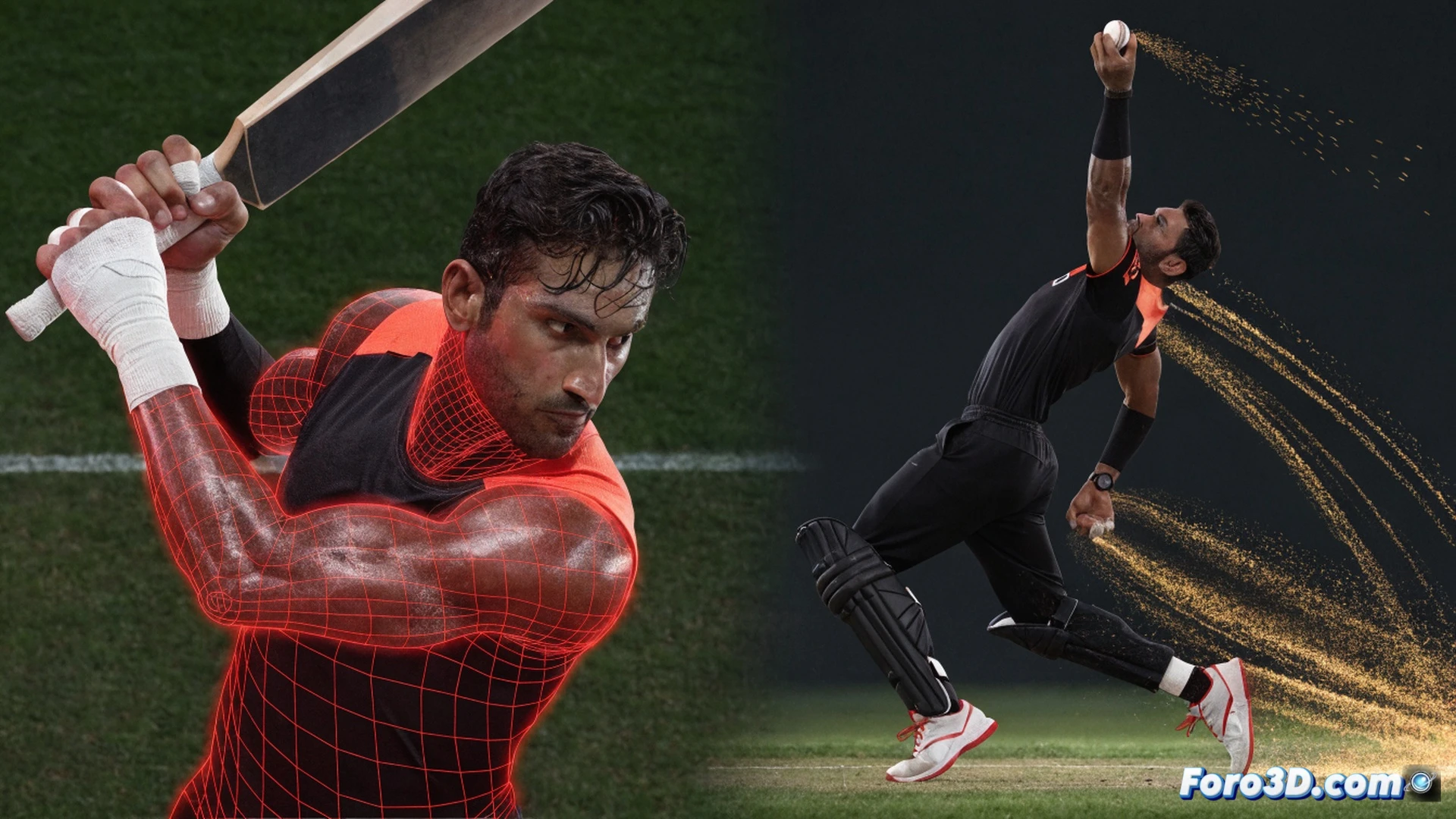 Biomechanical analysis of Hardik Pandya mid-bowling action, motion capture skeleton overlaying muscular physique, high-speed cricket ball leaving hand with spin trajectory lines, batting stance sequence showing weight transfer through hips, fielding dive with extended arm and glowing joint angle markers, technical engineering visualization, wireframe grid on grass pitch, stadium floodlights creating dramatic shadows, photorealistic 3D render with exploded muscle layers and kinetic arrows