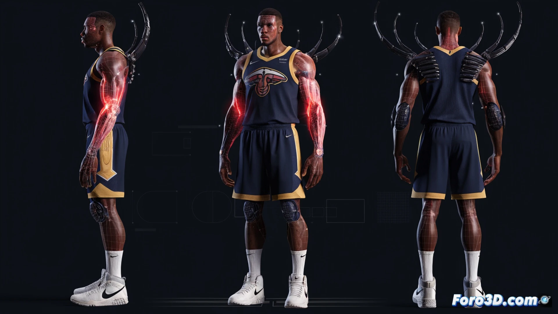 Herbert Jones mid-air defensive stance, arms spanning 2.13 meters, blocking a basketball shot while biomechanical overlay highlights his shoulder rotation and wrist torque, motion-capture markers on his limbs, wireframe skeleton glowing beneath translucent skin, engineering visualization with joint angles and force vectors, dark gym background, dramatic spotlight, photorealistic technical render