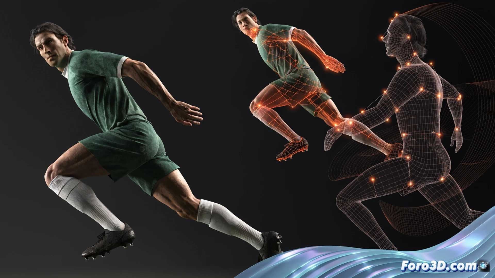 3D tactical analysis of striker Hernán Crespo inside penalty area, ghosted semi-transparent player model demonstrating anticipatory movement, glowing trajectory lines showing sudden diagonal run between defenders, green zone highlight indicating optimal receiving space, red defensive markers shifting late, football trajectory curving toward arrival point, wireframe stadium background, technical sports science visualization, cool blue and cyan lighting, motion blur on attacking player, static defenders in contrast, photorealistic 3D render with kinematic overlay