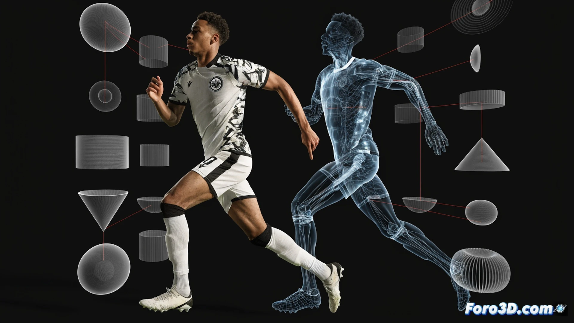 Hugo Ekitiké en acción durante un sprint ofensivo, análisis biomecánico 3D de su zancada, músculos y articulaciones resaltados con líneas de movimiento y datos de velocidad, fondo oscuro con cuadrícula técnica, un defensor rival desenfocado en segundo plano, cámara lenta mostrando su torso alto y brazos balanceándose, nubes de puntos de seguimiento de trayectoria, estilo cinematic technical visualization, iluminación dramática azul y naranja, texturas de piel y tela hiperrealistas, render fotorealista de ingeniería deportiva.