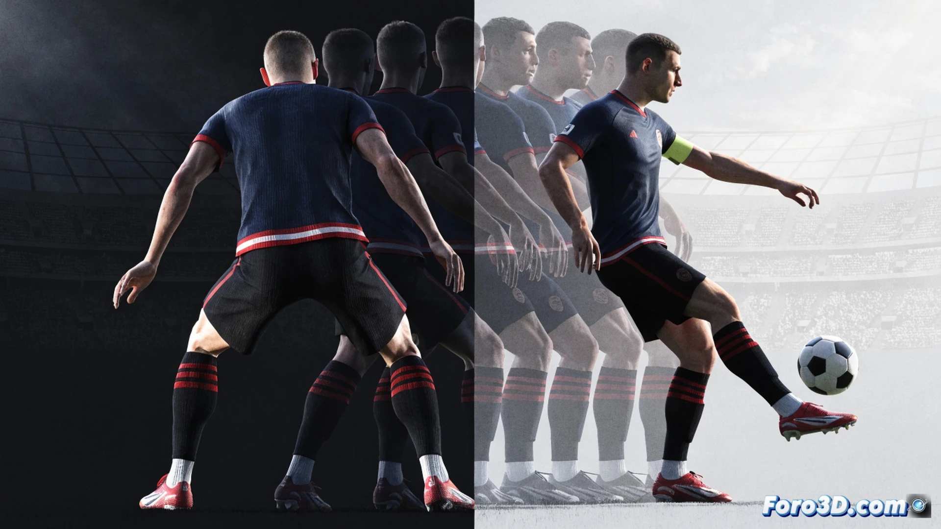 tactical analysis interface showing a football player in a defensive stance reading an opponent run, 3D wireframe skeleton overlay tracking his body movement, glowing tactical lines from his feet to a midfielder indicating pass option, semi-transparent heat map on the pitch showing space occupation, multiple camera angle viewports arranged around the main scene, cinematic technical illustration style, blue and orange neon highlights on the player model, realistic stadium lighting, blurred background with Valencia crest silhouette, data graphs floating in upper corner, photorealistic engineering visualization