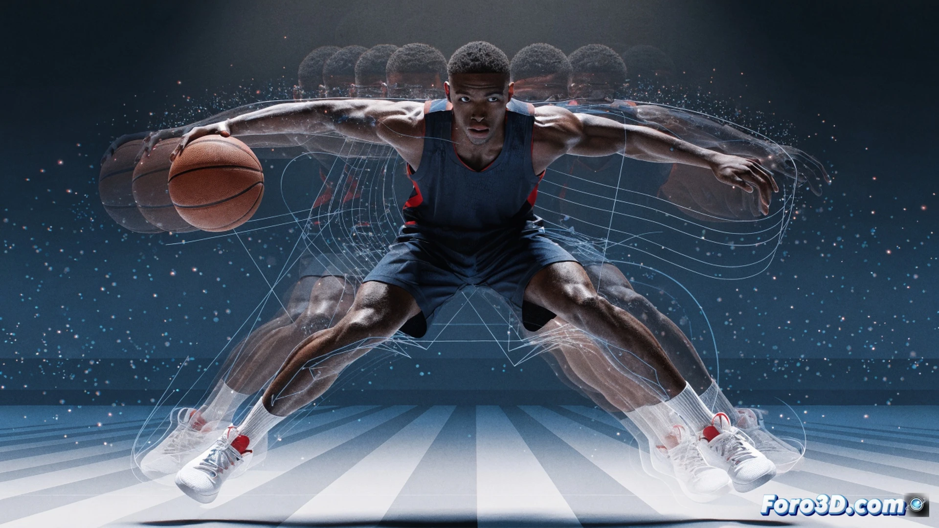 basketball player Immanuel Quickley executing a lateral dribble drive, defender sliding laterally in defensive stance, ball controlled low near hardwood floor, Quickleys torso angled low showing explosive acceleration, change of pace moment captured mid-stride, sneakers gripping court with motion blur, arena lights casting dramatic shadows, photorealistic sports visualization, high-speed action frozen in time, dynamic camera angle from low perspective emphasizing agility and space creation, technical athletic analysis style