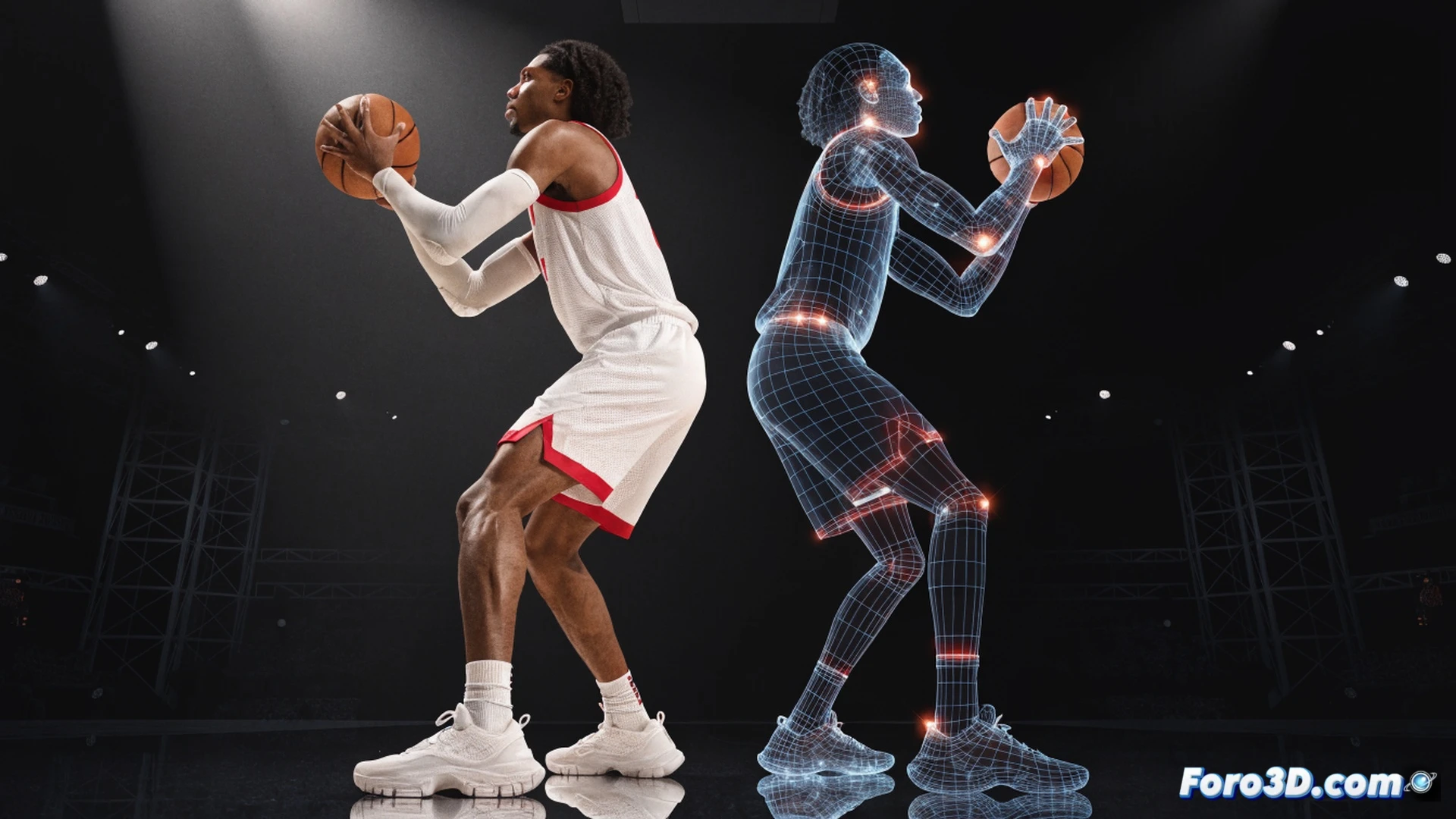 basketball player Jabari Smith Jr mid-air shooting form, 3D wireframe overlay tracking joint angles and release trajectory, defensive player closing out with arm extension, glowing biomechanical lines showing shot arc and foot placement, court floor with motion blur, stadium lights casting sharp shadows, photorealistic sports science visualization, technical anatomy analysis, cinematic slow-motion feel, ultra-detailed muscle definition under jersey, blue and orange team colors, engineering-style annotation lines without text, dramatic rim lighting on player silhouette