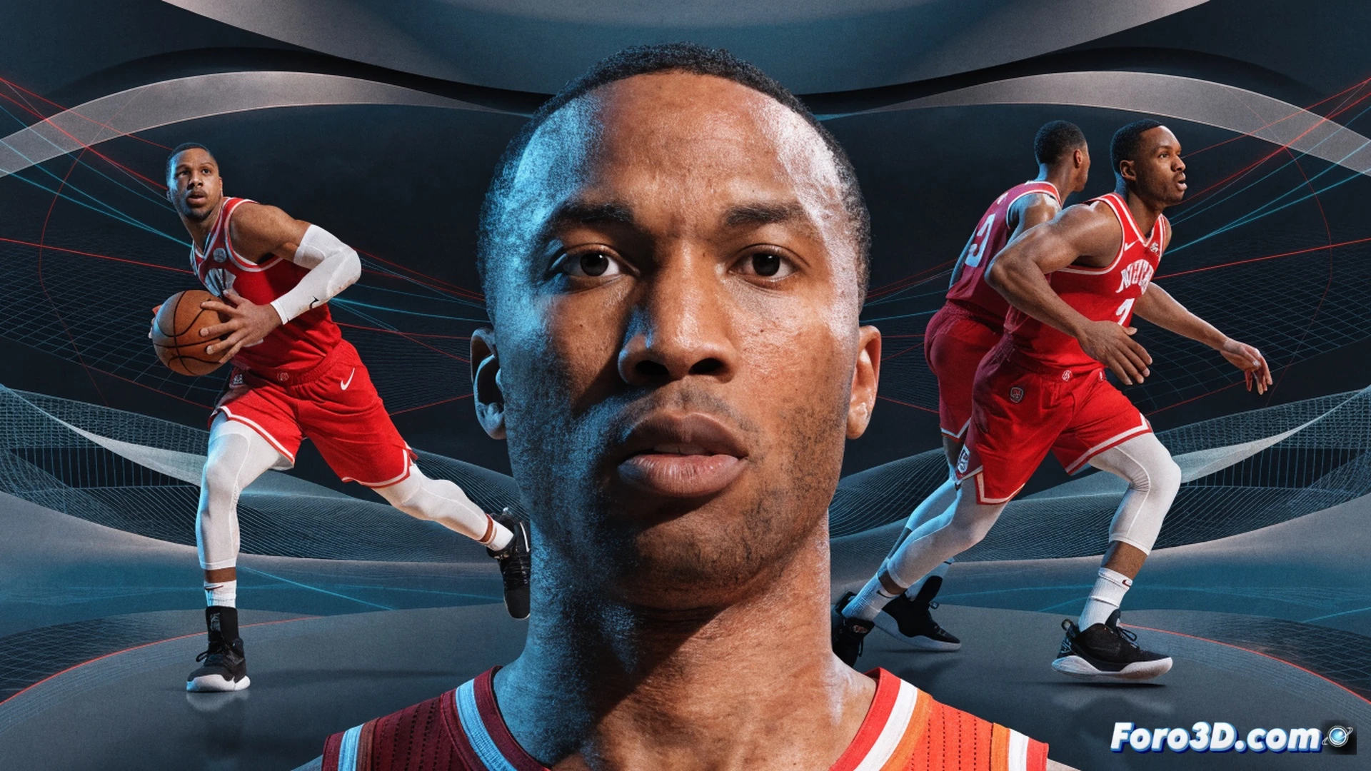 basketball court viewed from above, Jalen Brunson executing a pick and roll, defender screened by a teammate, ball handler creating space with a crossover dribble, floor markings and player positions glowing with tactical lines, trajectory arcs showing passing lanes and defensive rotations, 3D wireframe overlay of player movement patterns, realistic player models with motion blur, cinematic sports analysis visualization, dark arena lighting with spotlight on Brunson, technical illustration style, ultra-detailed sneakers and jersey textures