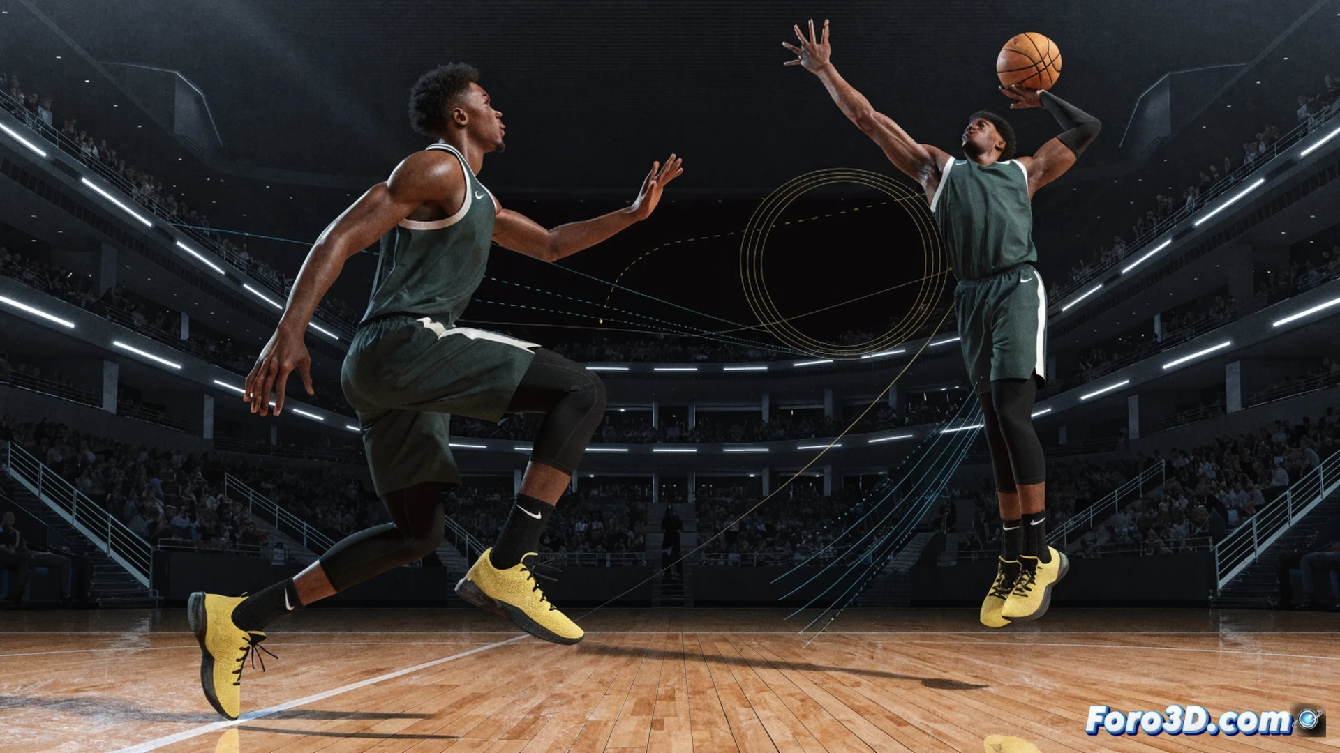 Jalen Green en salto de suspensión biomecánico, base de pies ancha y rodillas flexionadas, brazo de tiro extendido con muñeca en gancho, líneas de fuerza azules y rojas trazando vectores de impulso desde el suelo hasta la muñeca, análisis 3D mostrando ángulos de cadera y hombro, render técnico fotorrealista, iluminación de estudio deportivo, fondo negro con rejilla de referencia, músculos y articulaciones semitransparentes, cámara en ángulo bajo capturando la verticalidad explosiva del salto