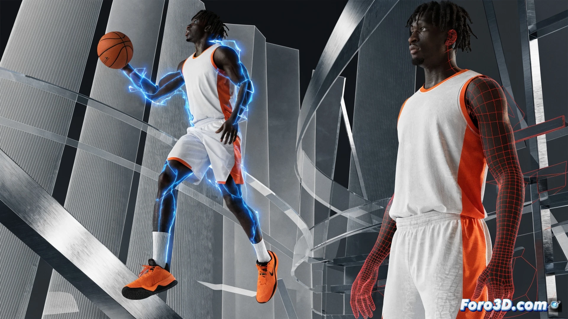 NBA court scene showing Jalen Green mid-air during a vertical drive, trajectory lines tracing his explosive leap and change of pace, a holographic 3D model overlay highlighting his body mechanics, pick-and-roll defensive setup visualized with glowing arrows and decision nodes, shot selection zones marked as heatmap spheres, technical engineering visualization style, photorealistic render, dramatic arena lighting, motion blur on his jersey, detailed muscle tension in his legs, hardwood floor reflections, ultra-sharp focus on his hands and ball trajectory