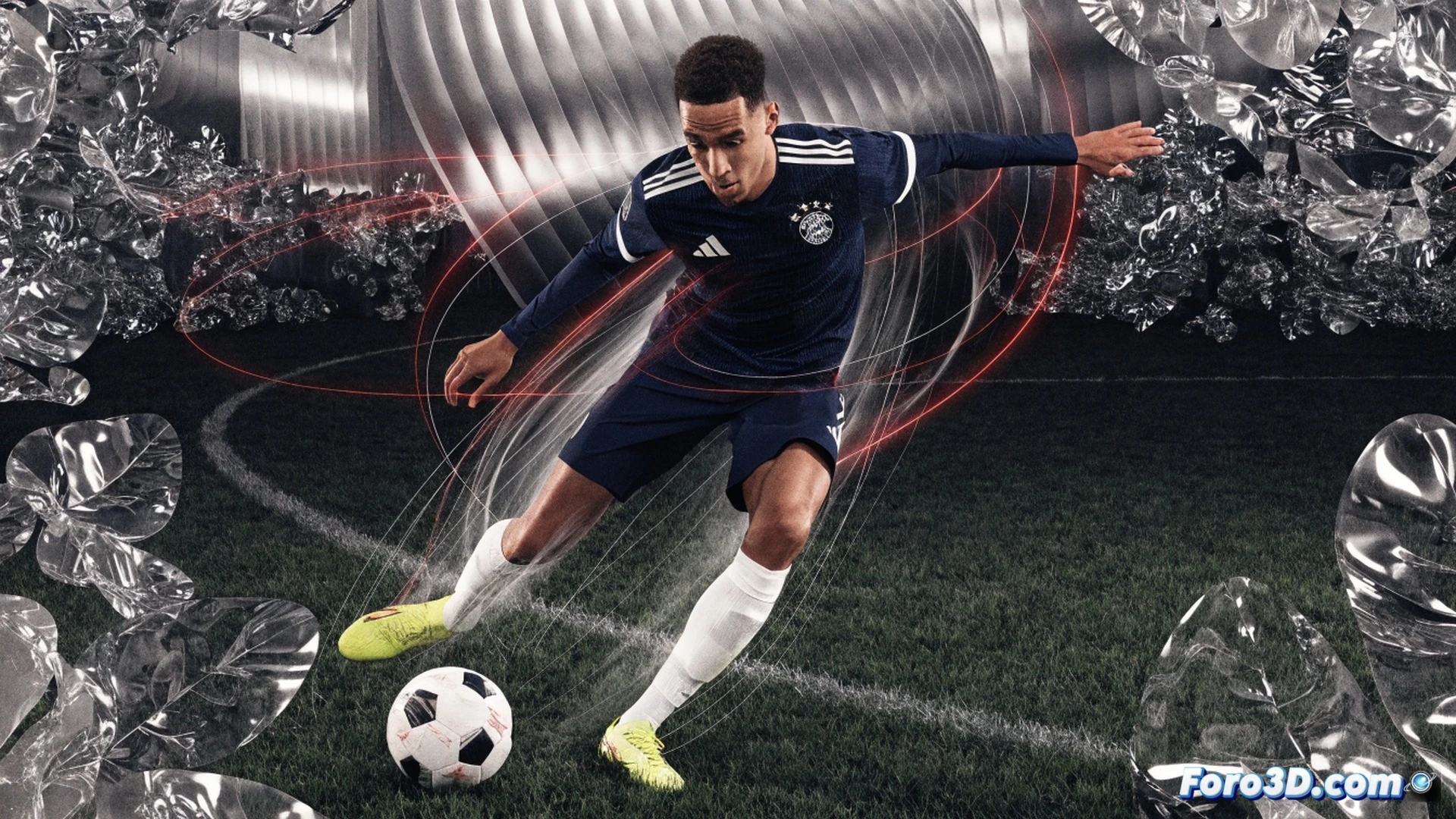 Jamal Musiala dribbling at high speed through tight defensive space, 3D biomechanical skeleton overlay showing hip rotation and ankle flexion during rapid direction change, ball glued to foot with centrifugal force lines spiraling outward, defenders lunging with delayed reaction, motion blur on limbs, glowing trajectory path behind the ball, engineering visualization style, wireframe muscle and joint highlights, photorealistic skin texture, dramatic stadium floodlights, ultra-detailed sports motion capture aesthetic
