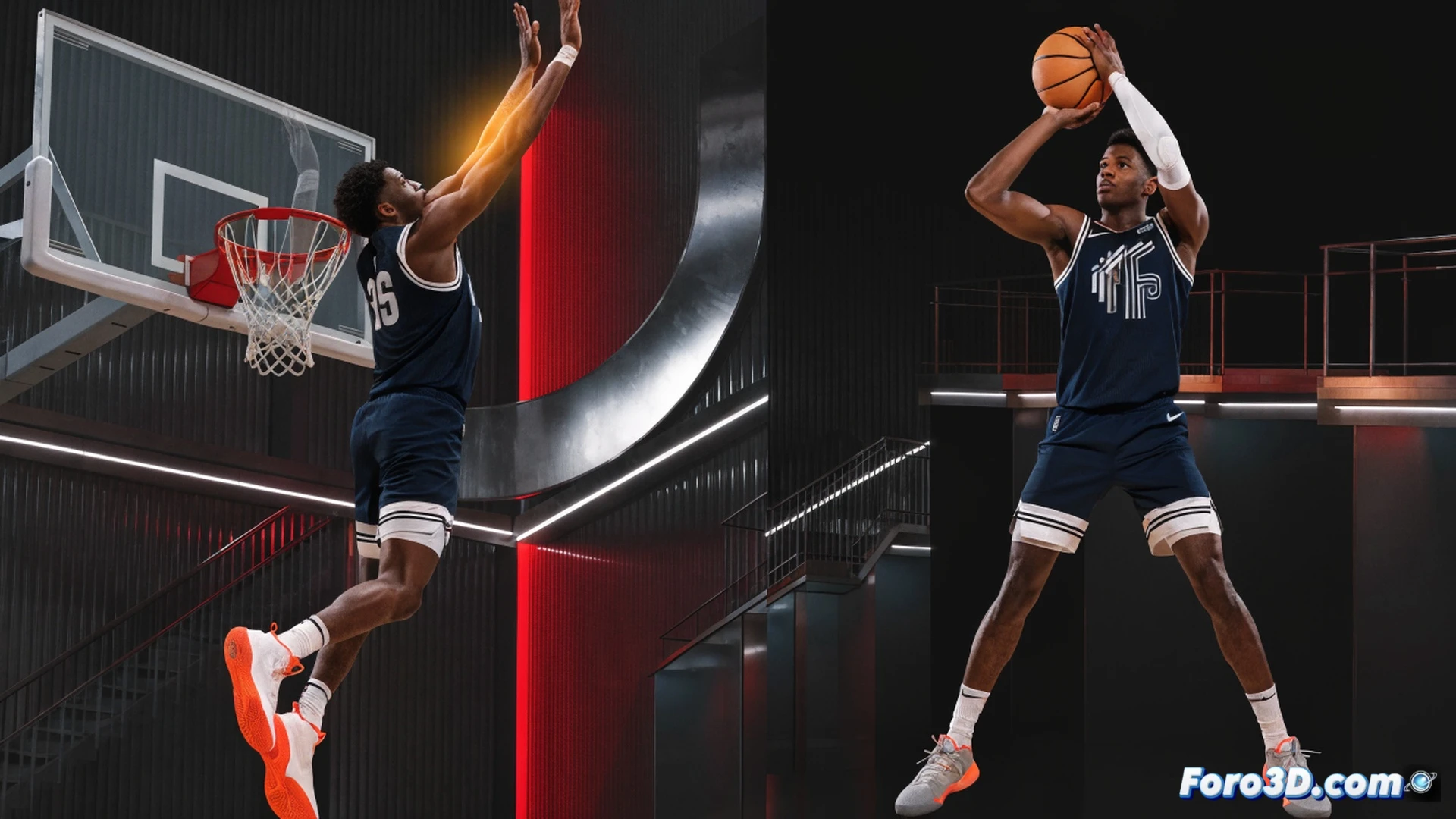 basketball player mid-air blocking a shot, long arms fully extended, palm contacting ball at peak trajectory, defensive stance with lateral foot movement visible, three-point arc and free-throw line on court, wireframe motion lines tracing arm reach and timing, glowing trajectory path from shooter to blocker, photorealistic sports biomechanics render, dramatic arena lighting, muscle definition under jersey, sneakers gripping hardwood, ultra-detailed human anatomy and motion capture style