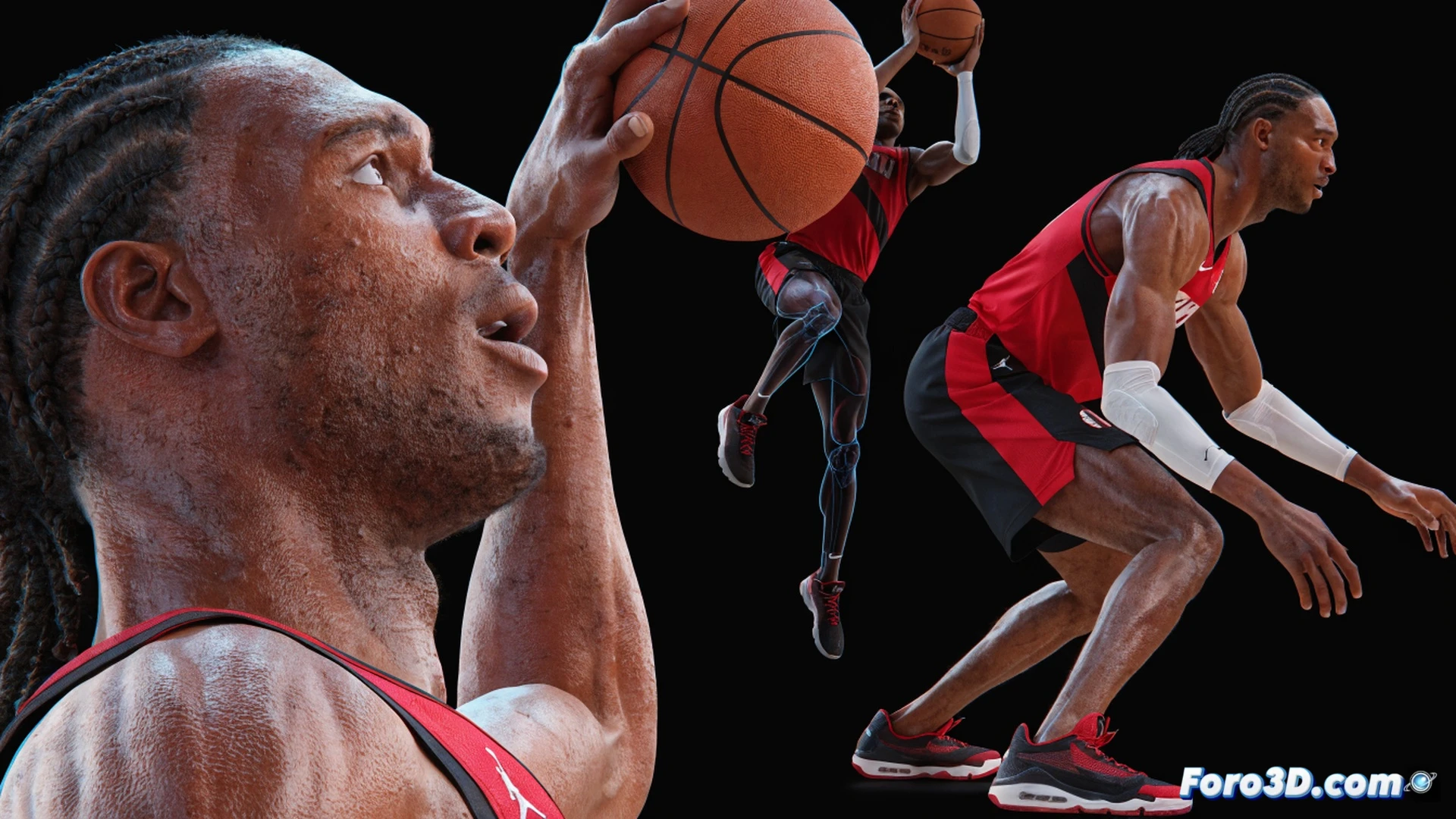 NBA player Jerami Grant mid-air during a jump shot, showing full body extension and high release point, Portland Trail Blazers jersey visible, basketball leaving fingertips with backspin, defensive arm contesting from below, technical 3D motion capture wireframe overlay on his shooting arm and legs, biomechanical analysis lines tracking shoulder rotation and wrist snap, photorealistic basketball court background with blurred arena lights, cinematic sports lighting highlighting muscle definition and sweat, ultra-detailed anatomical rendering, dynamic action frozen in time, engineering visualization style