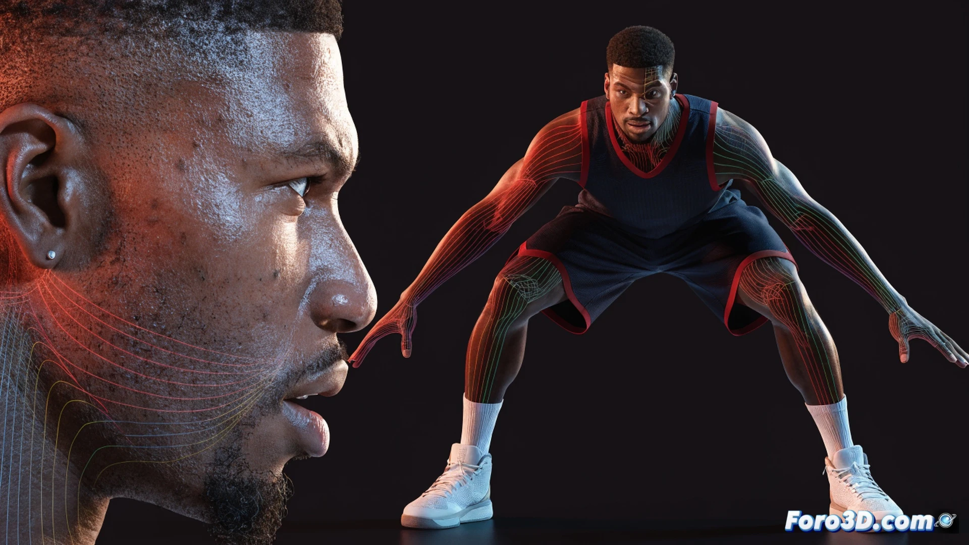 basketball player mid-stride on court, low center of gravity biomechanical analysis, glowing orange skeletal overlay showing explosive leg drive, defensive stance with arms extended, motion blur on sneakers, technical 3D scan visualization, translucent wireframe body, court floor reflection, dramatic spotlight from above, photorealistic engineering render, muscle fiber tension lines highlighted in red, AI motion capture data points floating around knees and hips