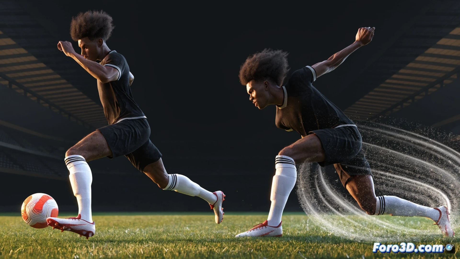 Karim Adeyemi dribbling at full speed on a wet football pitch, left foot planted while cutting inside past a defender, dynamic motion blur on his trailing leg, green turf with rain droplets, realistic player anatomy, 3D motion capture skeleton lines tracing his hip rotation and ankle angle change, glowing orange heatmap on his quadriceps showing explosive acceleration, blue trajectory arc from ball to open space, cinematic low-angle shot, stadium floodlights casting sharp shadows, photorealistic technical sports visualization, ultra-detailed muscle definition and kit fabric wrinkles