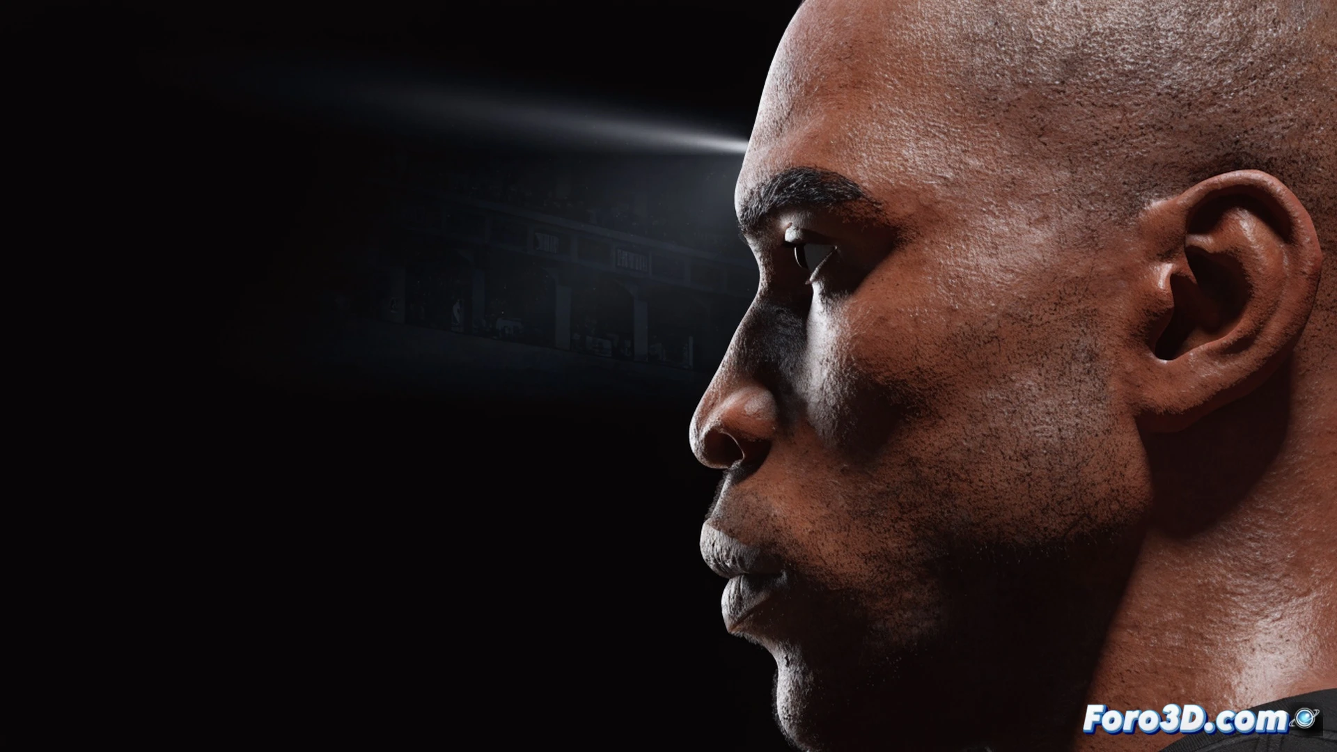 Khris Middleton en acción de tiro de media distancia, balón en punto más alto de liberación, defensa rival estirando brazo para bloquear, captura 3D de movimiento con líneas de trayectoria de tiro curvas y precisas, manos del defensor borrosas por velocidad, render técnico hiperrealista, iluminación de estadio nocturno, sudor visible en frente, zapatillas en despegue, fondo de gradas oscuras con focos, estilo cinematográfico de análisis deportivo, textura de piel y tela detallada, cámara lenta congelada en el instante clave