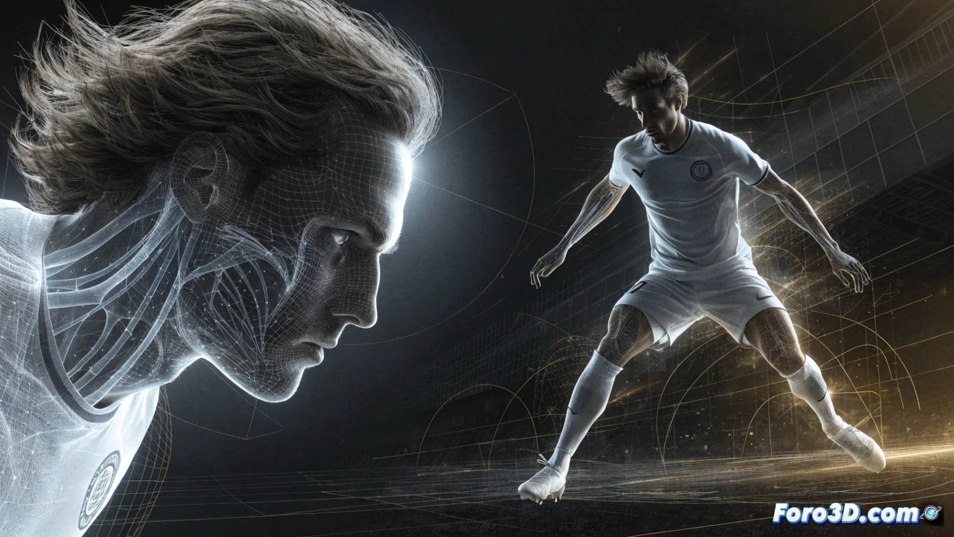 Italian defender sliding tackle motion capture, 3D skeletal wireframe overlay tracking leg movement and body positioning, green grass pitch with tactical grid lines, opponent attacker blurred in background, real-time biomechanical analysis data streams, glowing joint trajectories, cinematic engineering visualization, dynamic action pose, photorealistic stadium lighting, high contrast shadows, technical illustration style