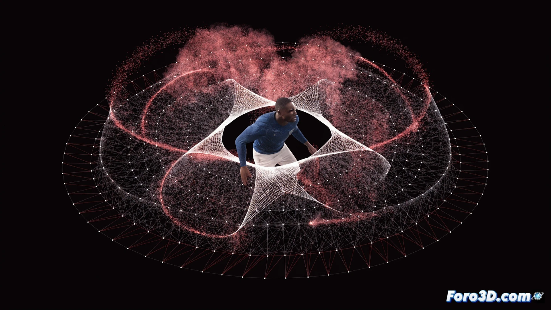 N'Golo Kanté en acción durante un partido, con un sistema de análisis 3D mostrando su desplazamiento en el campo, líneas de calor rojas y azules que trazan su movimiento constante, un motor biomecánico virtual transparente sobre su torso, gráficos de eficiencia energética y mapas de cobertura espacial flotando a su alrededor, estilo cinematic technical illustration, iluminación dramática de estadio, profundidad de campo, renderizado ultrarrealista, texturas de césped y sudor visibles, fondo oscuro con gradiente de datos tácticos.