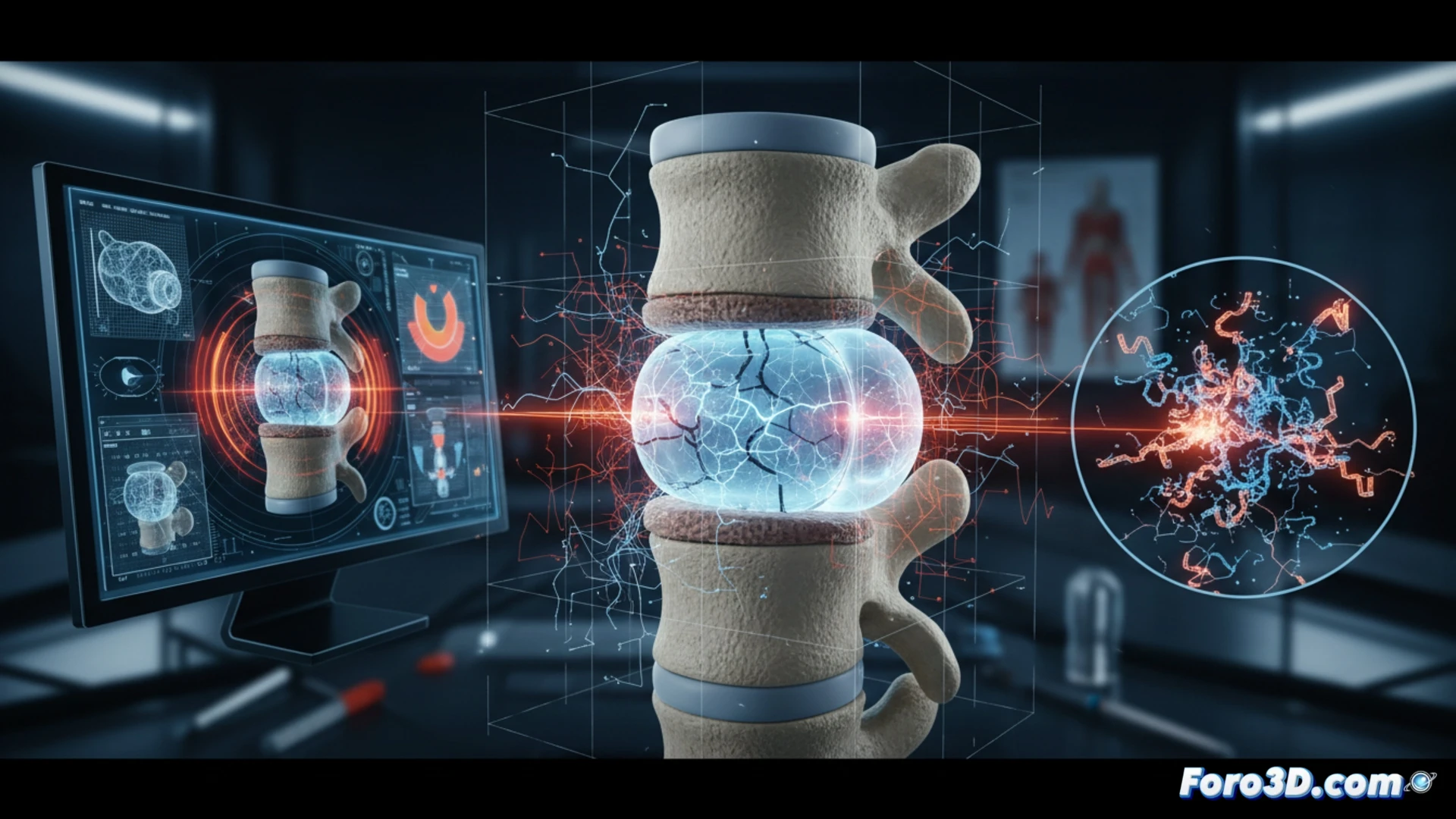 Modelo 3D de hidrogel vertebral fisurado en vértebra lumbar con simulación de carga biomecánica