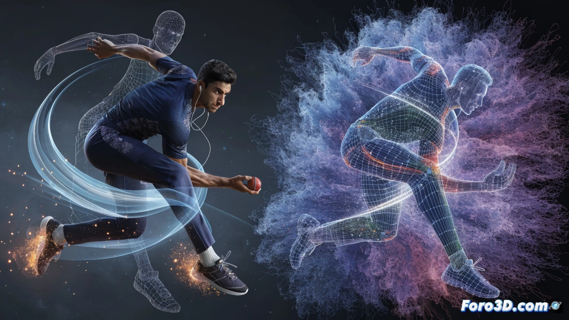cricket bowler Hasan Ali in mid-delivery stride, right arm fully extended releasing the ball, high-speed motion capture cameras surrounding the pitch, biomechanical skeleton overlay showing joint angles and force vectors, red trajectory lines tracing ball path and wrist snap rotation, 3D wireframe stadium background, technical illustration style, cool blue and neon orange lighting, glistening sweat on forearms, dynamic muscle tension visible, photorealistic engineering visualization
