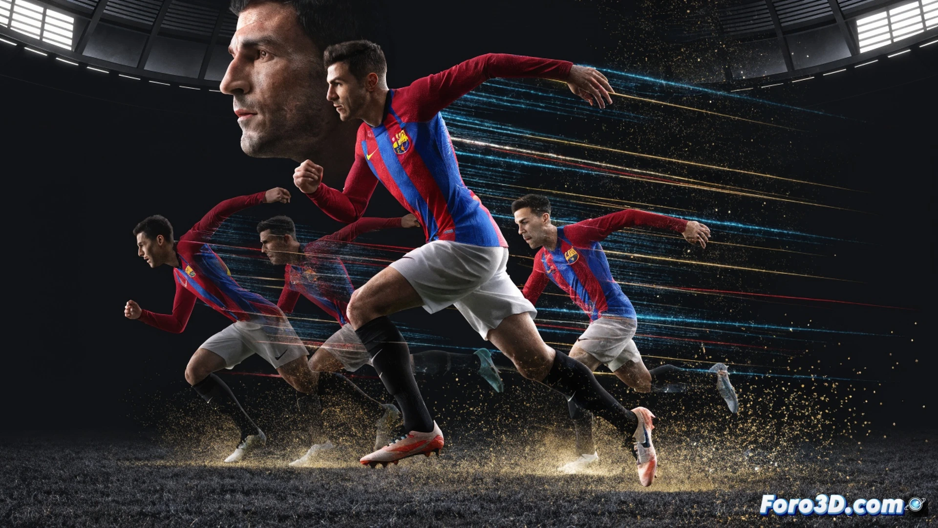 Jordi Alba en plena carrera por la banda izquierda, zancada explosiva con el balón controlado, cuerpo inclinado hacia adelante, músculos tensos durante el desborde, análisis técnico 3D mostrando líneas cinéticas de velocidad y trayectoria, datos biomecánicos superpuestos como wireframe muscular y tracking de movimiento, fondo de campo de fútbol con marcadores tácticos, render fotorealista cinematográfico con iluminación de estadio, textura de césped y equipación detallada, estilo visual de ilustración técnica deportiva