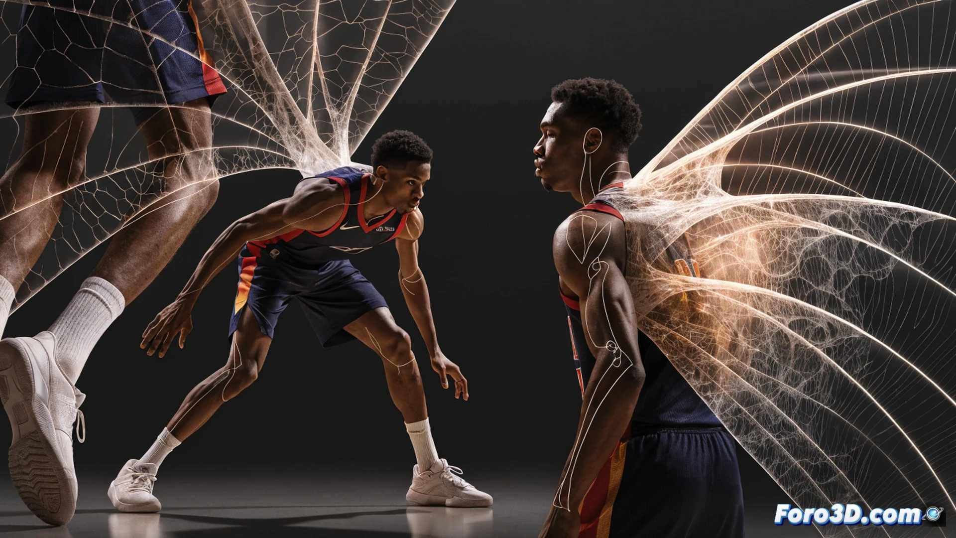 Mikal Bridges biomechanical defensive stance, 2.18m wingspan extended laterally while sliding sideways on hardwood court, hips rotating dynamically during rapid direction change, glowing wireframe skeleton overlay showing joint angles and torque vectors, defensive slide motion blur, basketball rim visible in background, unreal engine 5 cinematic technical illustration, photorealistic skin texture, blue team jersey, stadium floodlights, ultra-detailed muscle definition, elastic energy lines tracing arm reach, engineering visualization with anatomical precision