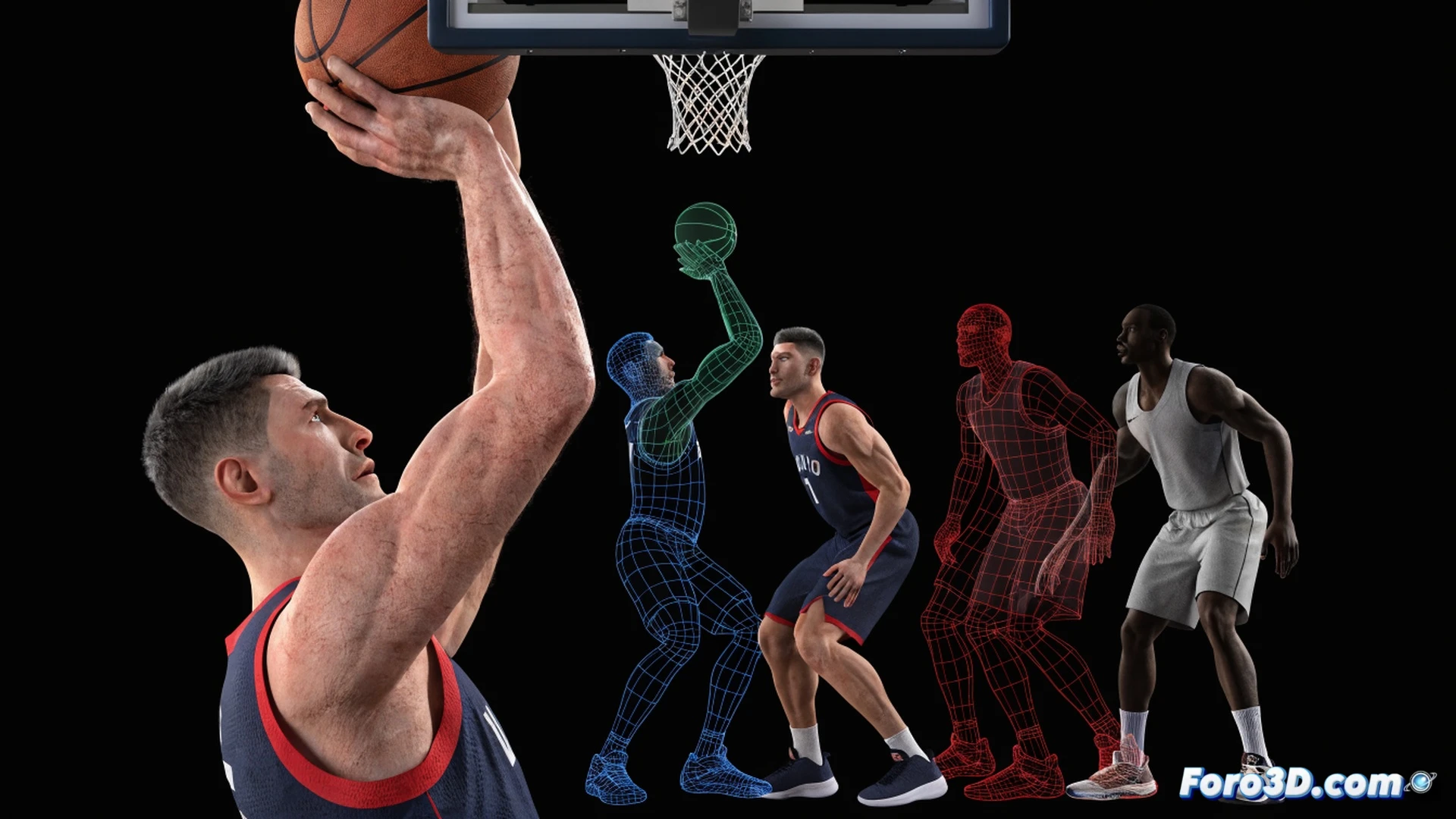 photorealistic 3D technical illustration of Jonas Valanciunas executing a right-handed hook shot in the paint, left arm sealing defender position, basketball mid-release with spin, motion lines showing trajectory arc, rebounding timing diagram with glowing highlights on offensive glass, biomechanical analysis overlay showing joint angles, muscle activation, and force vectors, cinematic arena lighting, deep shadows, wood floor reflections, ultra-detailed jersey fabric, photorealistic engineering visualization