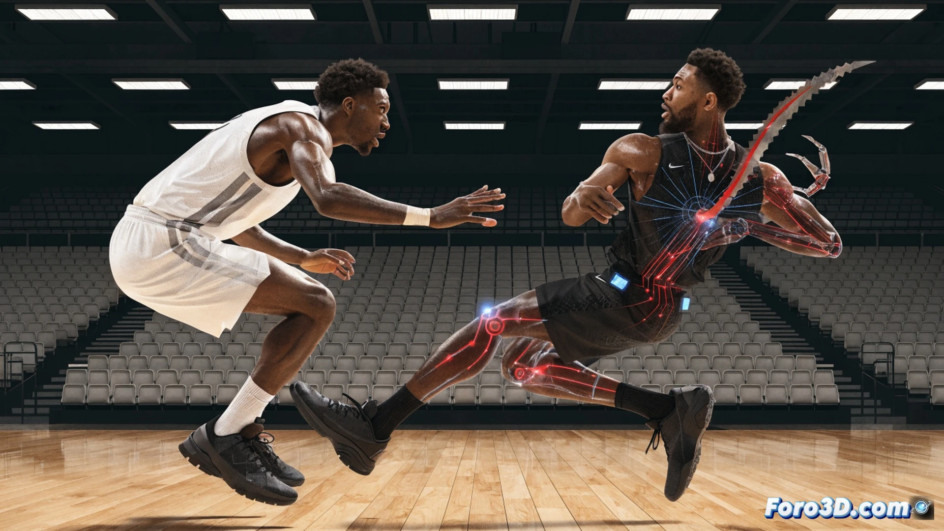 Basketball court painted area, Bam Adebayo in defensive stance with knees bent and arms spread, 3D wireframe overlay showing multi-directional movement vectors and timing markers, glowing lines tracing his footwork pattern and lateral shift changes, opposing player driving toward the basket while Adebayo adjusts position, technical basketball visualization style, photorealistic render with cinematic lighting, detailed muscle tension visible, motion trails in cyan and orange, subtle court reflections on polished hardwood, ultra-detailed athletic gear and sneakers