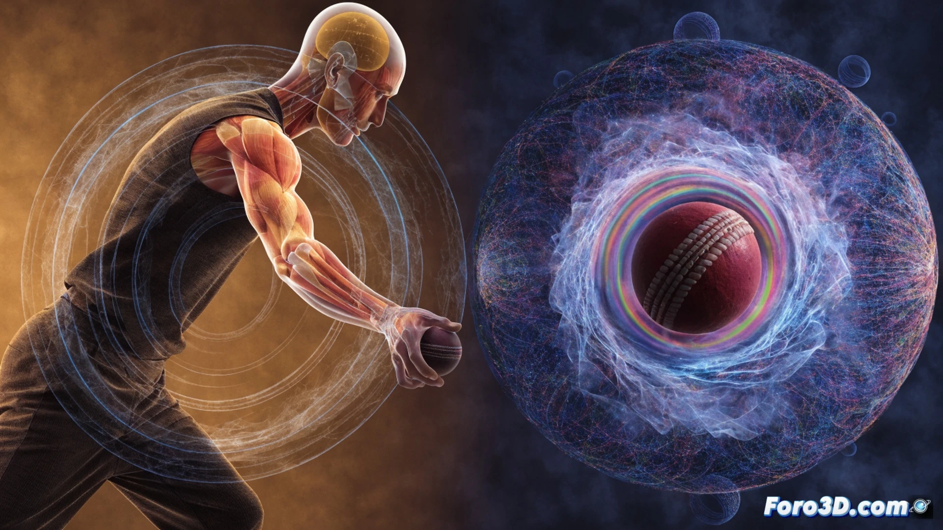 3D wireframe analysis of cricketer Gudakesh Motie in bowling action, left arm rotating with biomechanical joint angles highlighted, glowing trajectory lines showing subtle wrist and finger movements during delivery, cricket ball spinning with seam orientation marked, transparent skeletal overlay demonstrating efficient kinetic chain, dark technical background with grid lines and motion vectors, cinematic engineering visualization, metallic muscle fibers, ultra-detailed anatomical render, dramatic spotlight from above