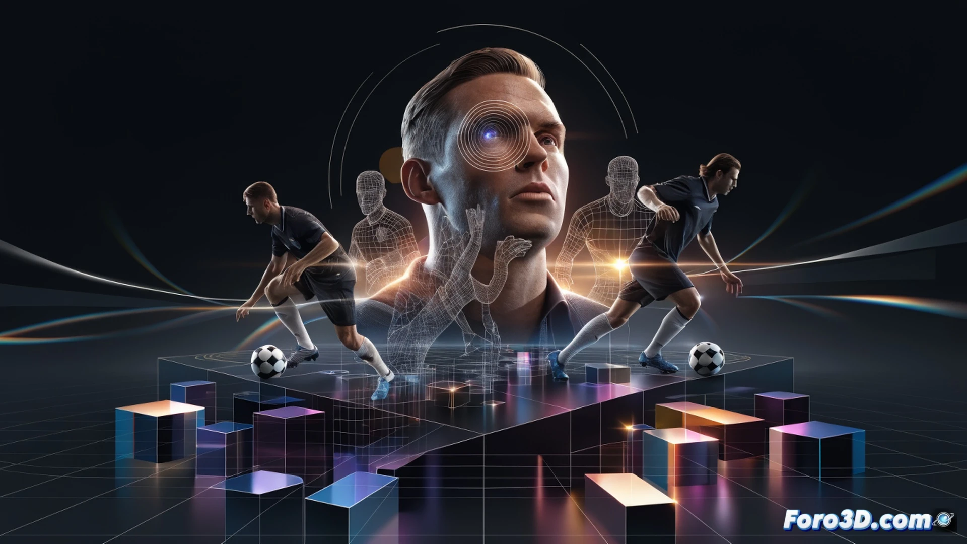 Photorealistic technical 3D analysis scene showing Wesley Sneijder mid-action controlling a football in tight space, left foot executing a long pass with millimetric precision, glowing trajectory lines tracing the ball path through the air, semi-transparent tactical overlay highlighting spatial awareness zones around his body, radar-like concentric rings emanating from his head, football boots detailing stud pressure on grass, motion blur on ball spin, cinematic stadium lighting, engineering visualization style with wireframe grid beneath the pitch surface, high-contrast shadows emphasizing technical posture